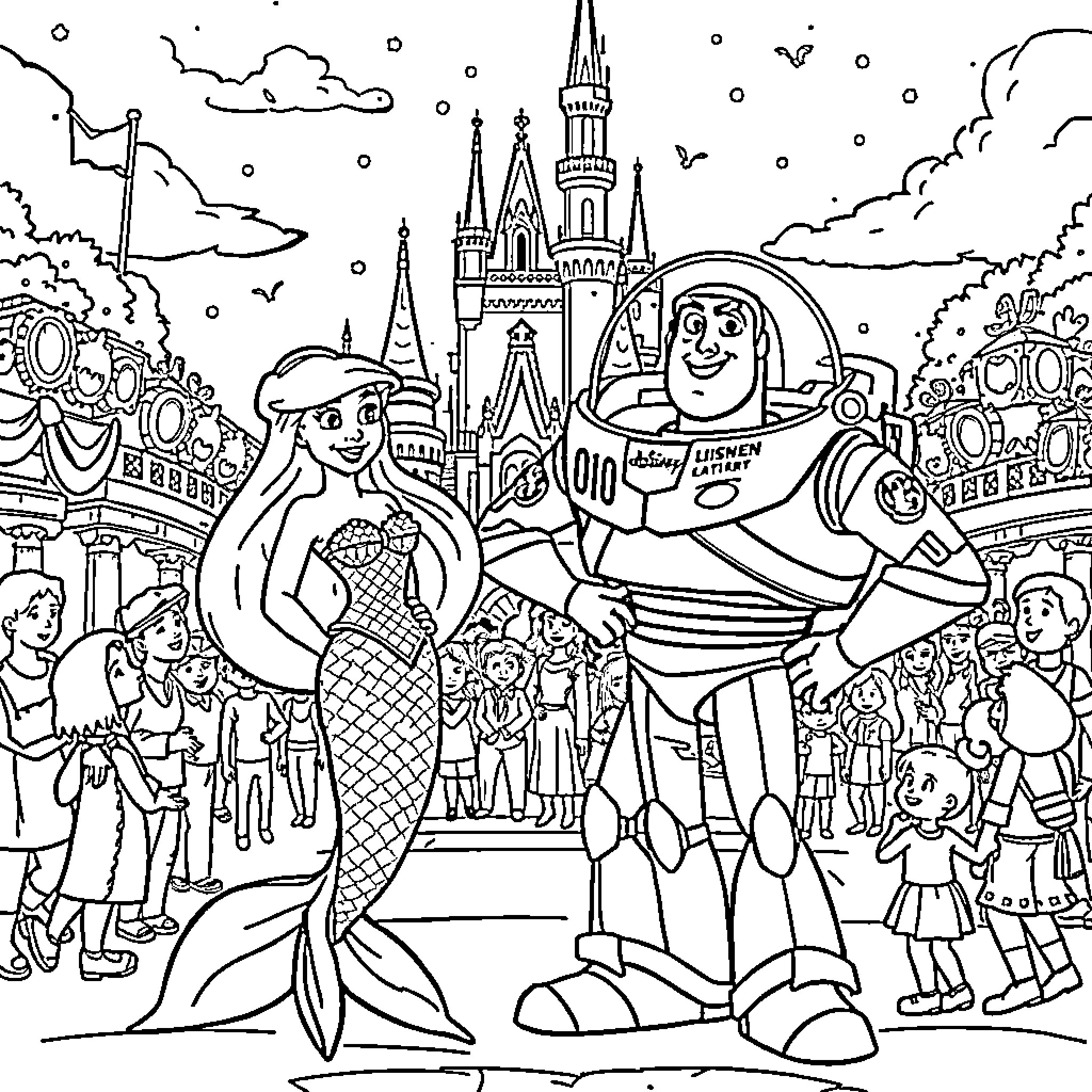 Ariel and Buzz Lightyear at Disney Castle Coloring Page (free black-and-white line drawing printable PDF for all, from beginners to advanced learners, including children, teens, adults, and seniors)