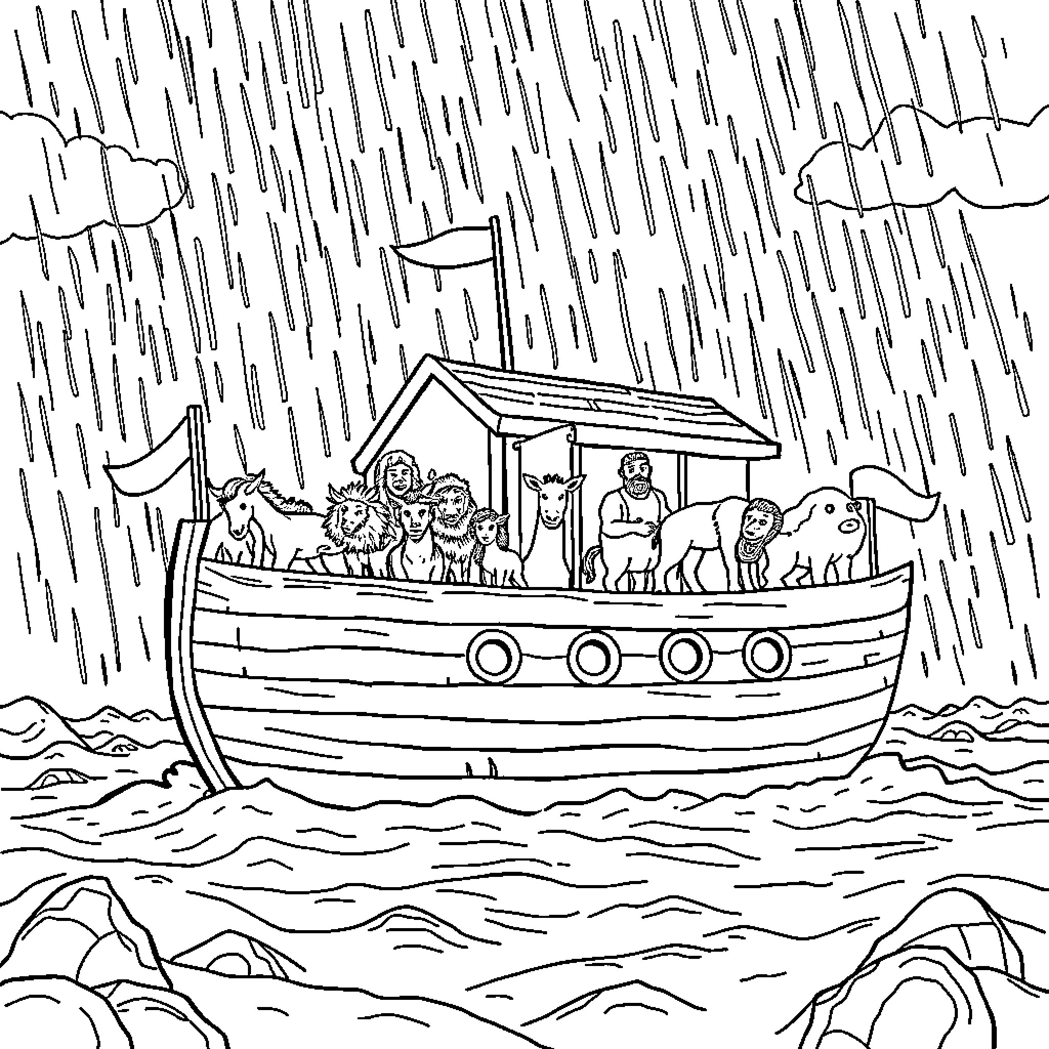 Noah's Ark sailing through the stormy sea Coloring Page (free black-and-white line drawing printable PDF for all, from beginners to advanced learners, including children, teens, adults, and seniors)
