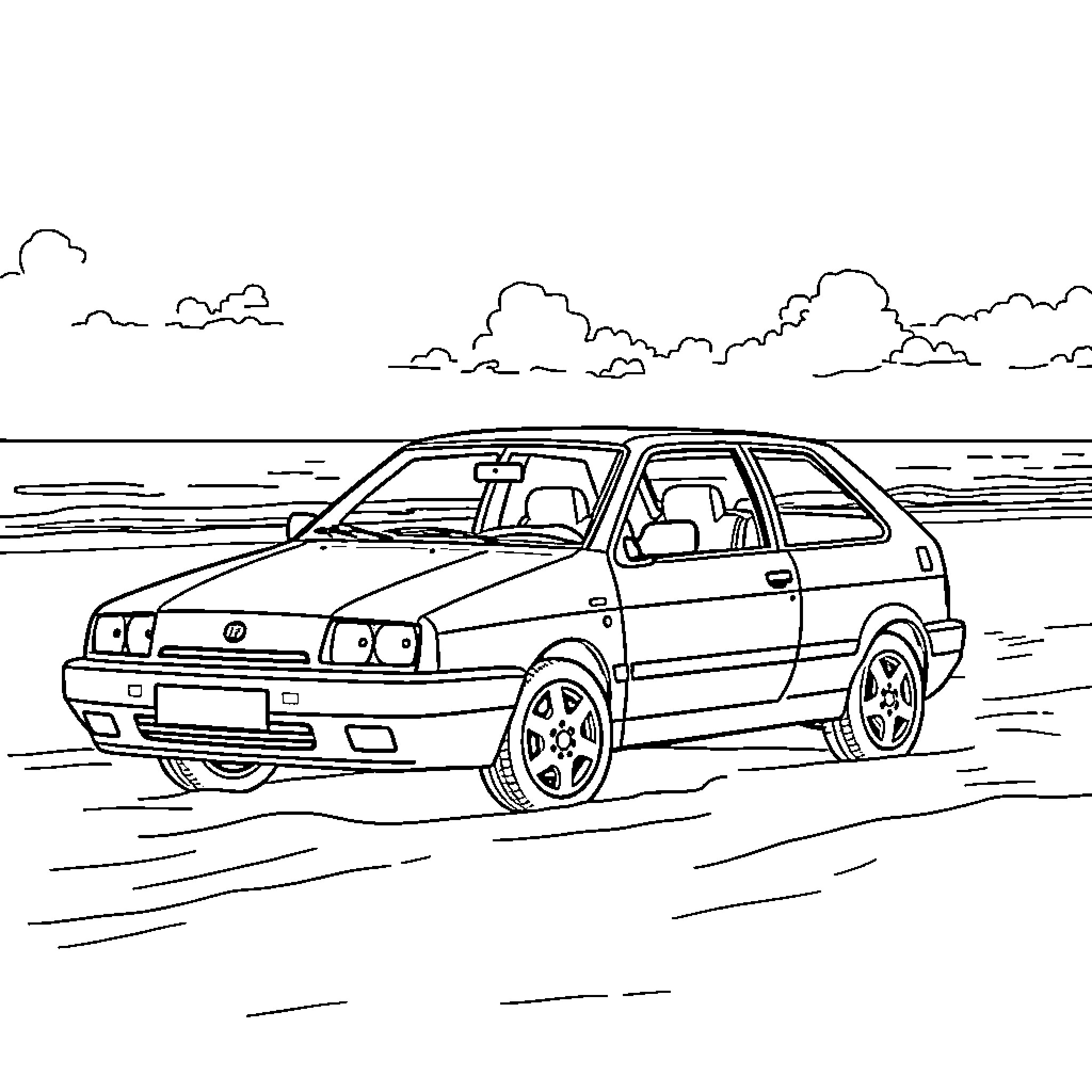 Fiat hatchback driving through countryside landscape Coloring Page (free black-and-white line drawing printable PDF for all, from beginners to advanced learners, including children, teens, adults, and seniors)