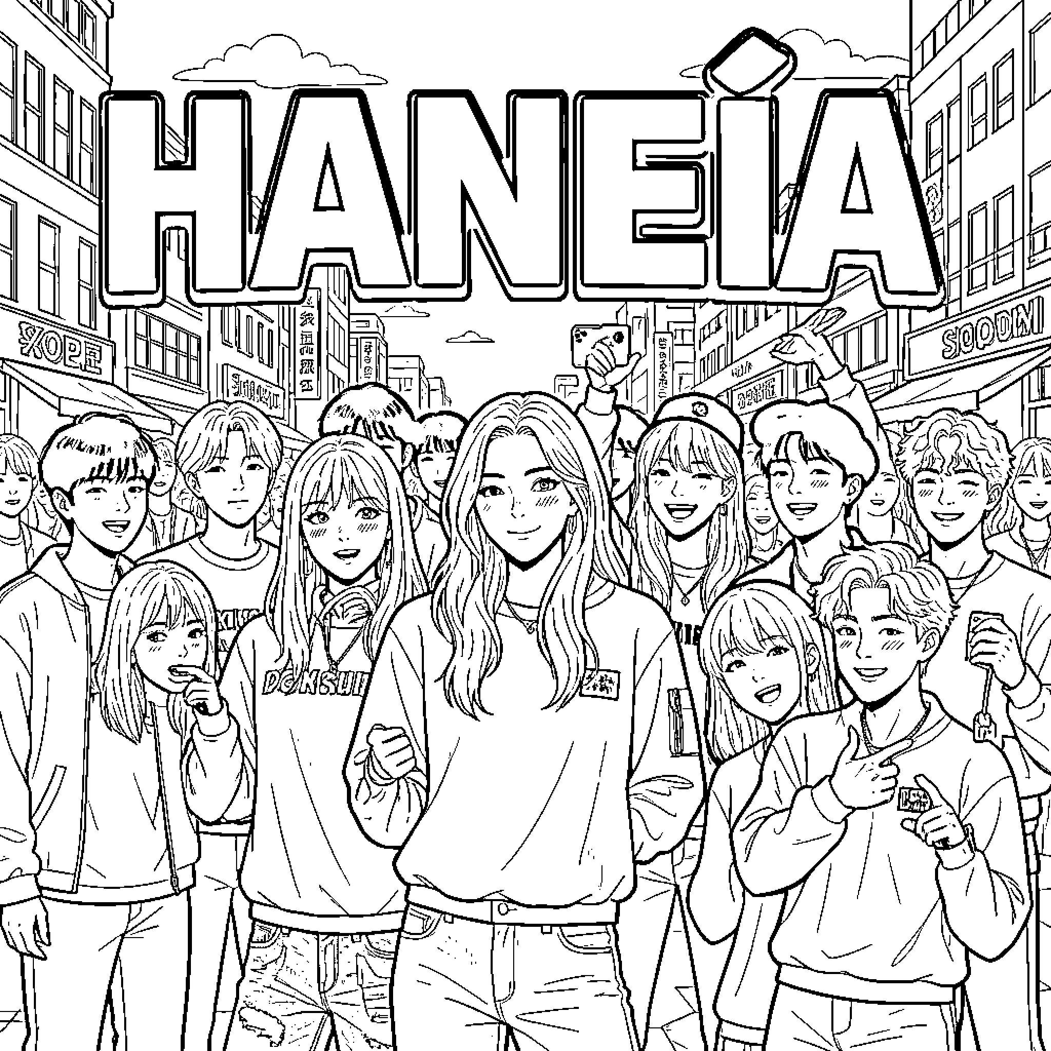 HANEÏA group of smiling young people in a city Coloring Page (free black-and-white line drawing printable PDF for all, from beginners to advanced learners, including children, teens, adults, and seniors)