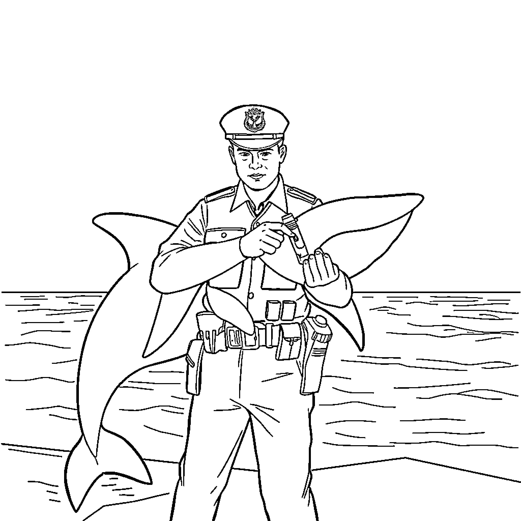 Police Officer Guarding Beach with Shark Coloring Page (free black-and-white line drawing printable PDF for all, from beginners to advanced learners, including children, teens, adults, and seniors)