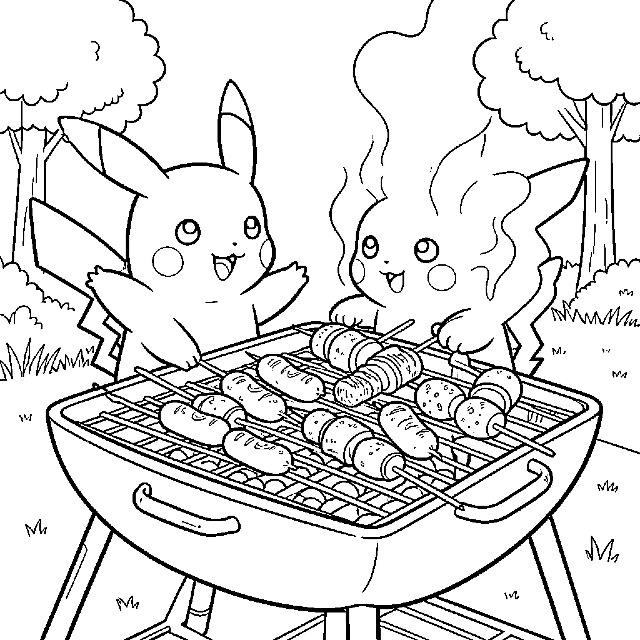 Pikachu and Vulpix enjoying a backyard barbecue Coloring Page (free black-and-white line drawing printable PDF for all, from beginners to advanced learners, including children, teens, adults, and seniors)