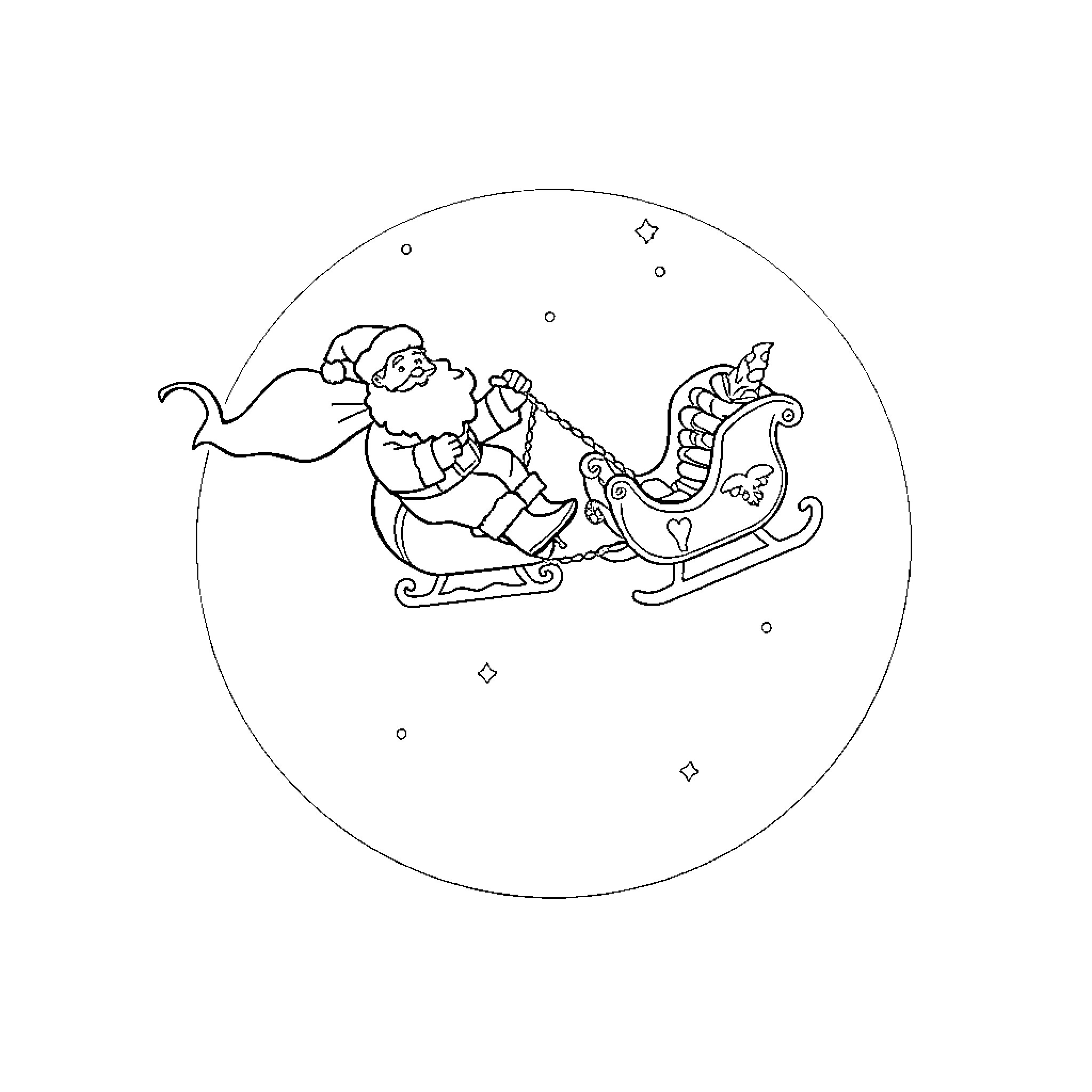 Santa Claus riding a sleigh through a snowy night Coloring Page (free black-and-white line drawing printable PDF for all, from beginners to advanced learners, including children, teens, adults, and seniors)