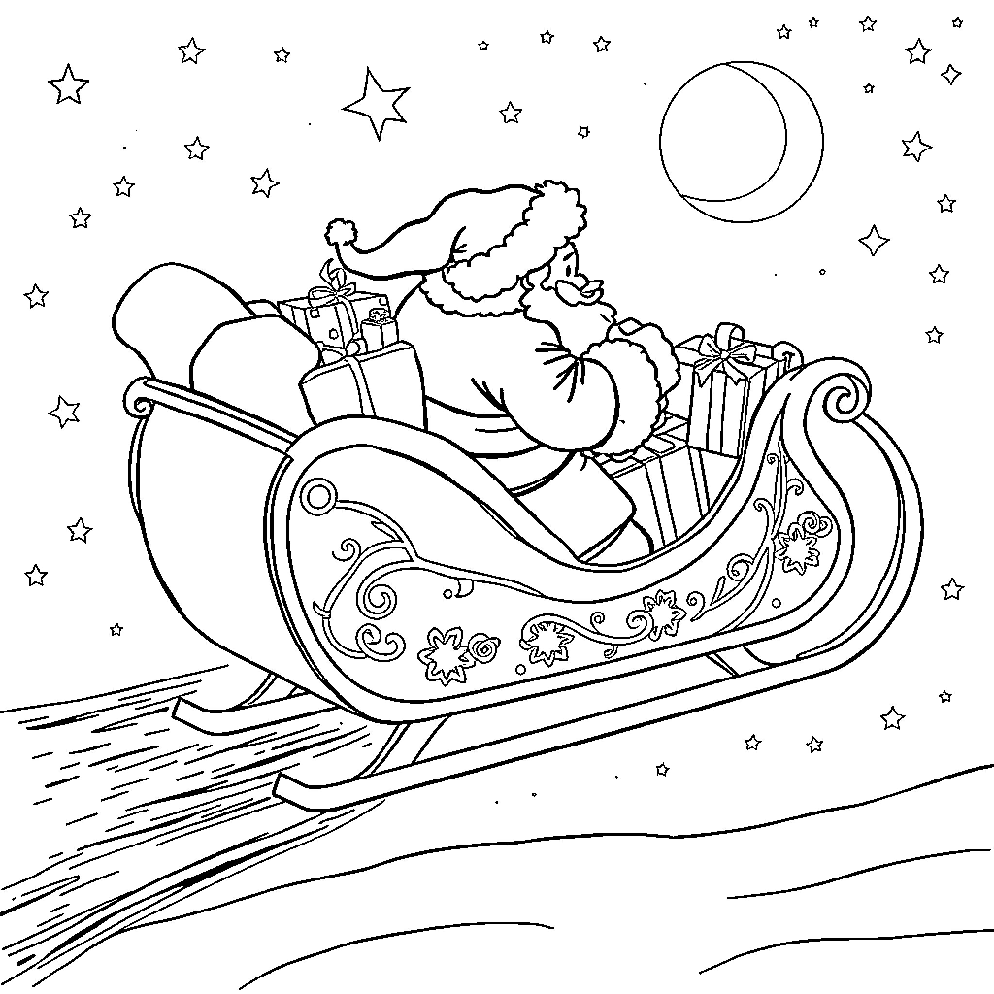 Sleigh carrying Santa and gifts through the night sky Coloring Page (free black-and-white line drawing printable PDF for all, from beginners to advanced learners, including children, teens, adults, and seniors)