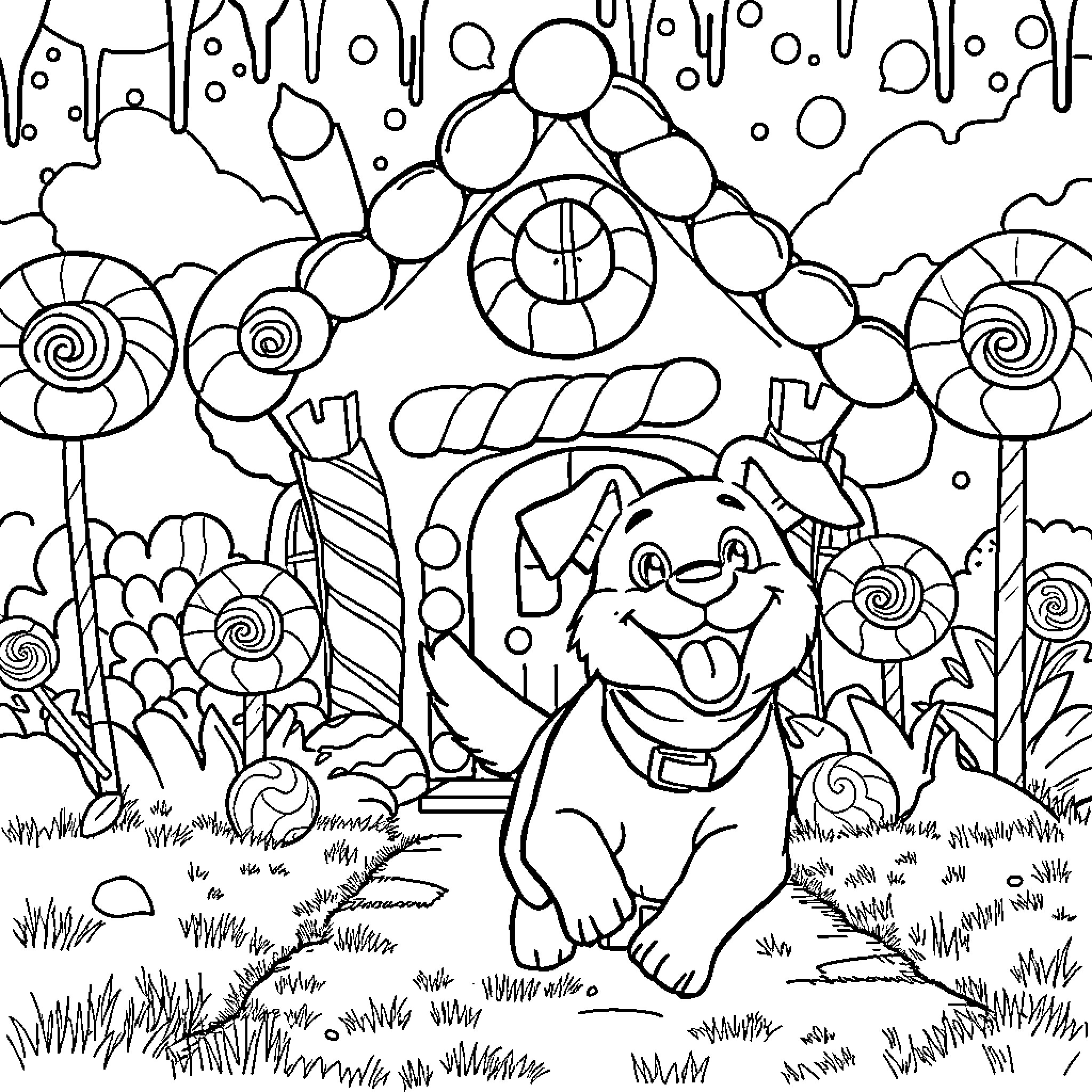 Dog playing joyfully in a whimsical candy-themed garden Coloring Page (free black-and-white line drawing printable PDF for all, from beginners to advanced learners, including children, teens, adults, and seniors)