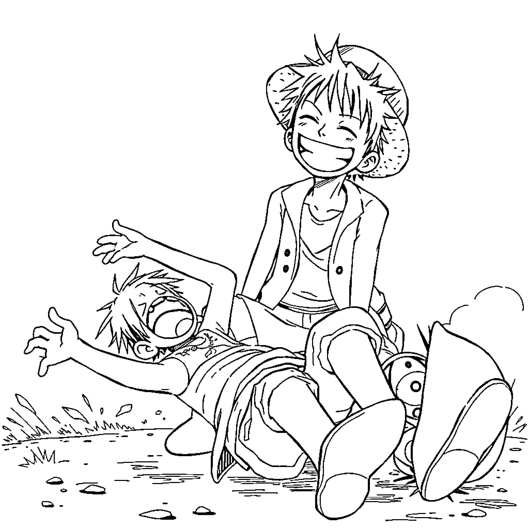 Luffy joyfully playing in the dirt with friends Coloring Page (free black-and-white line drawing printable PDF for all, from beginners to advanced learners, including children, teens, adults, and seniors)