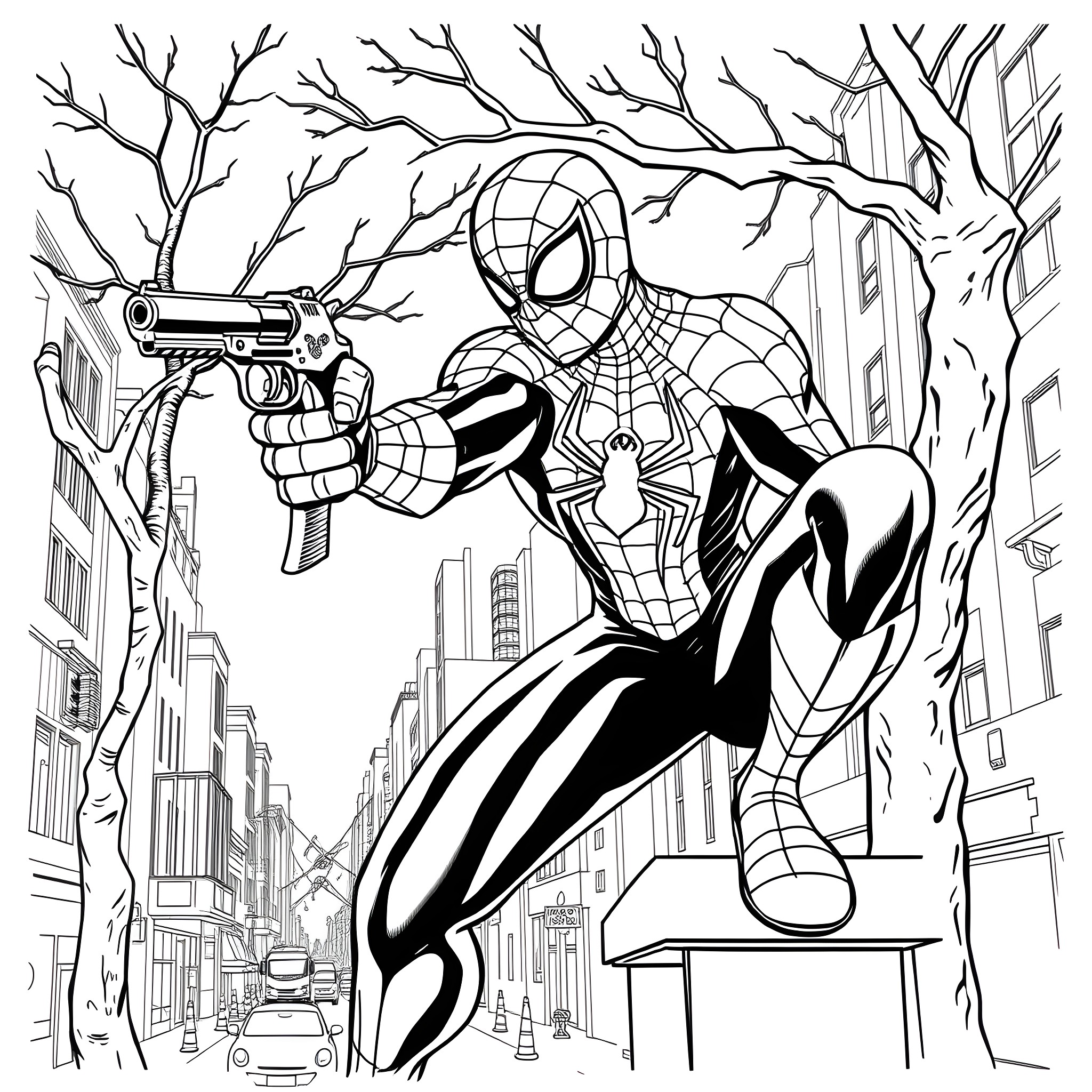Spider-Man swinging through the city, ready for action Coloring Page (free black-and-white line drawing printable PDF for all, from beginners to advanced learners, including children, teens, adults, and seniors)