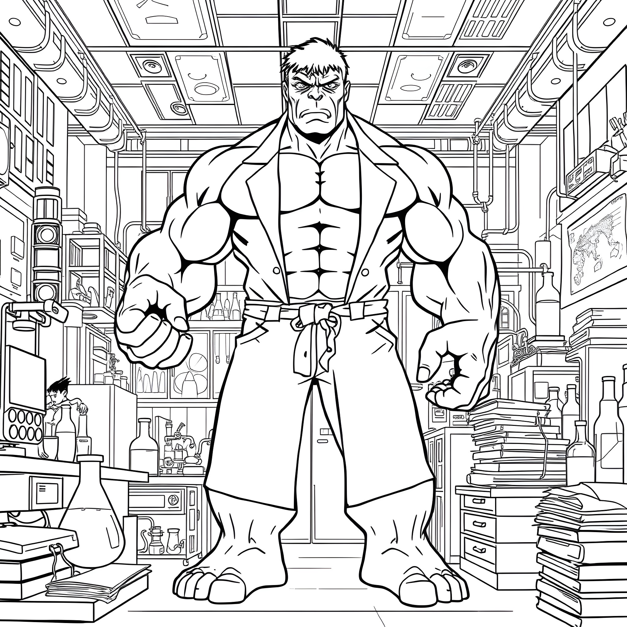 Hulk Showcasing Muscular Physique in Cluttered Room Coloring Page (free black-and-white line drawing printable PDF for all, from beginners to advanced learners, including children, teens, adults, and seniors)