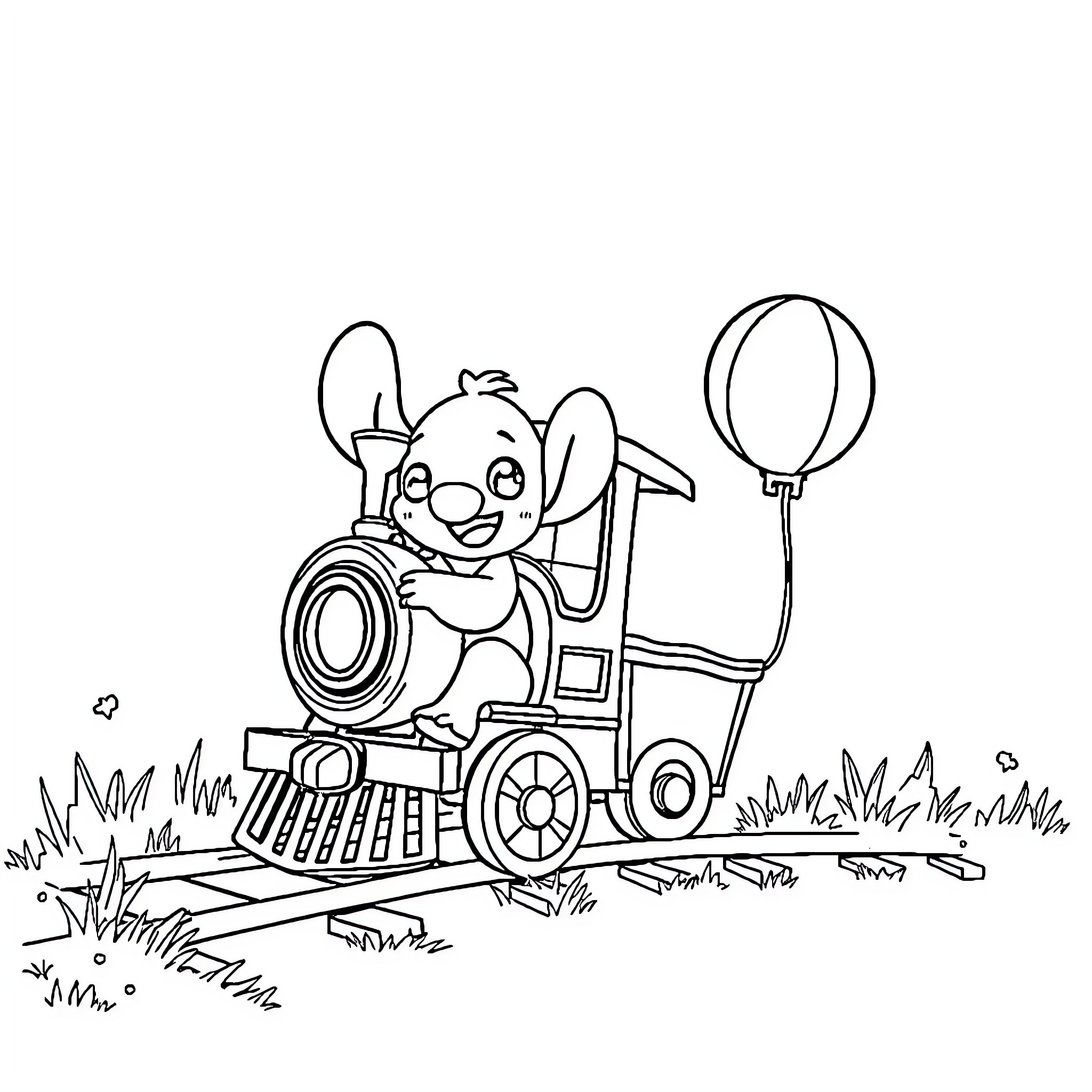 Stitch riding a toy train with a balloon Coloring Page (free black-and-white line drawing printable PDF for all, from beginners to advanced learners, including children, teens, adults, and seniors)