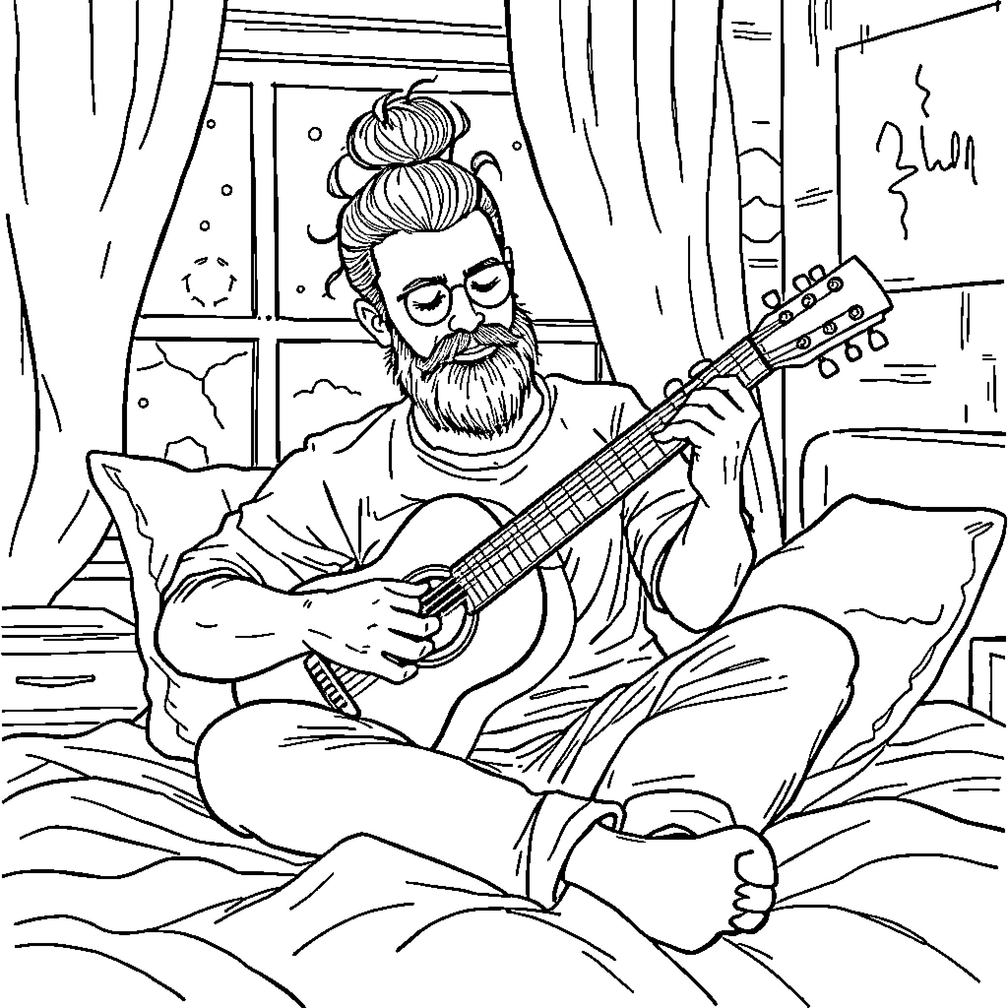 Man playing guitar in cozy home setting Coloring Page (free black-and-white line drawing printable PDF for all, from beginners to advanced learners, including children, teens, adults, and seniors)