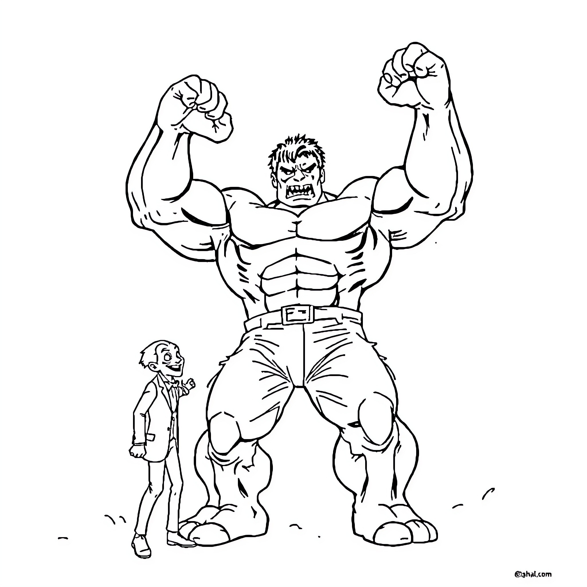 Hulk flexing powerful muscles beside tiny figure Coloring Page (free black-and-white line drawing printable PDF for all, from beginners to advanced learners, including children, teens, adults, and seniors)
