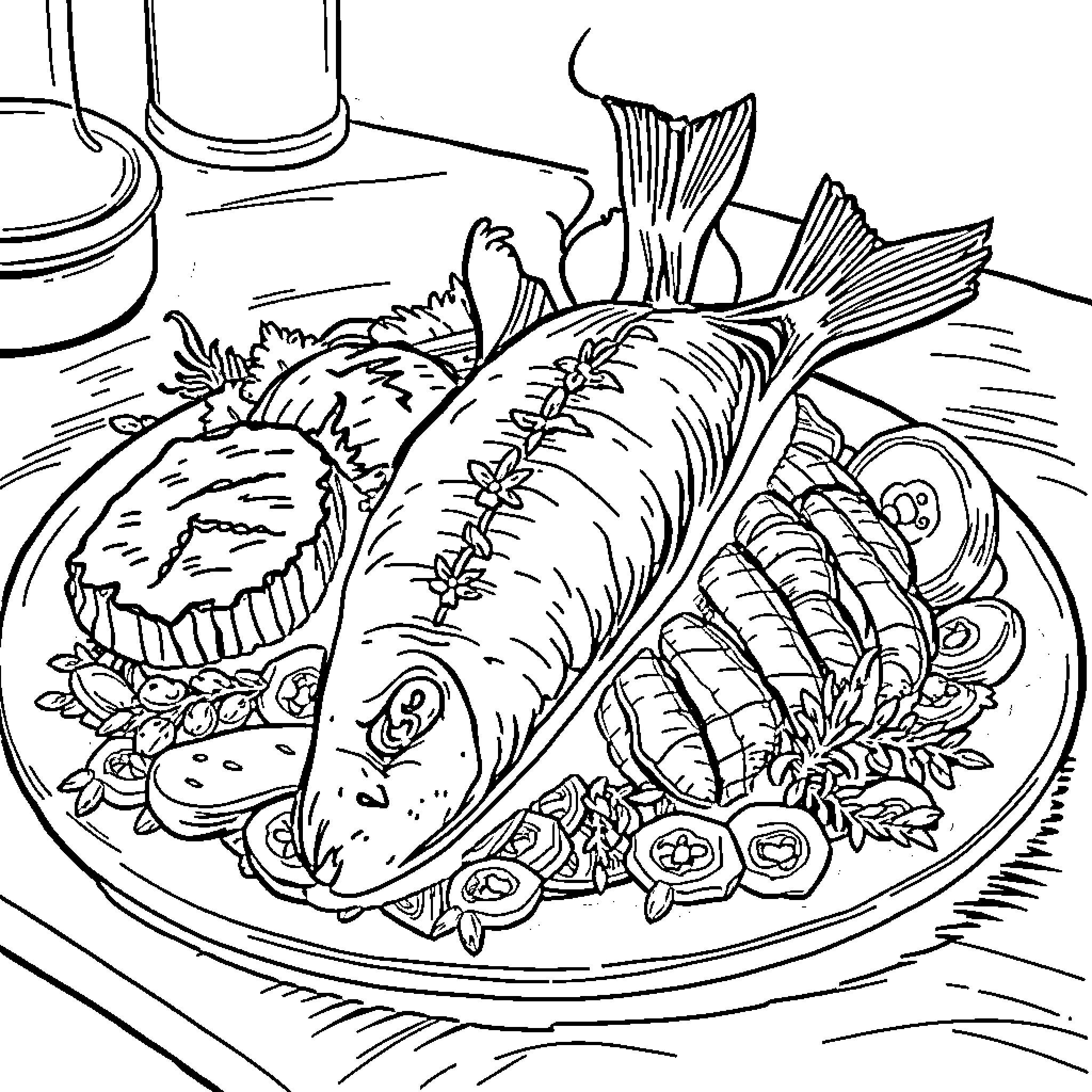 Fish Displayed in Ornate Platter Coloring Page (free black-and-white line drawing printable PDF for all, from beginners to advanced learners, including children, teens, adults, and seniors)