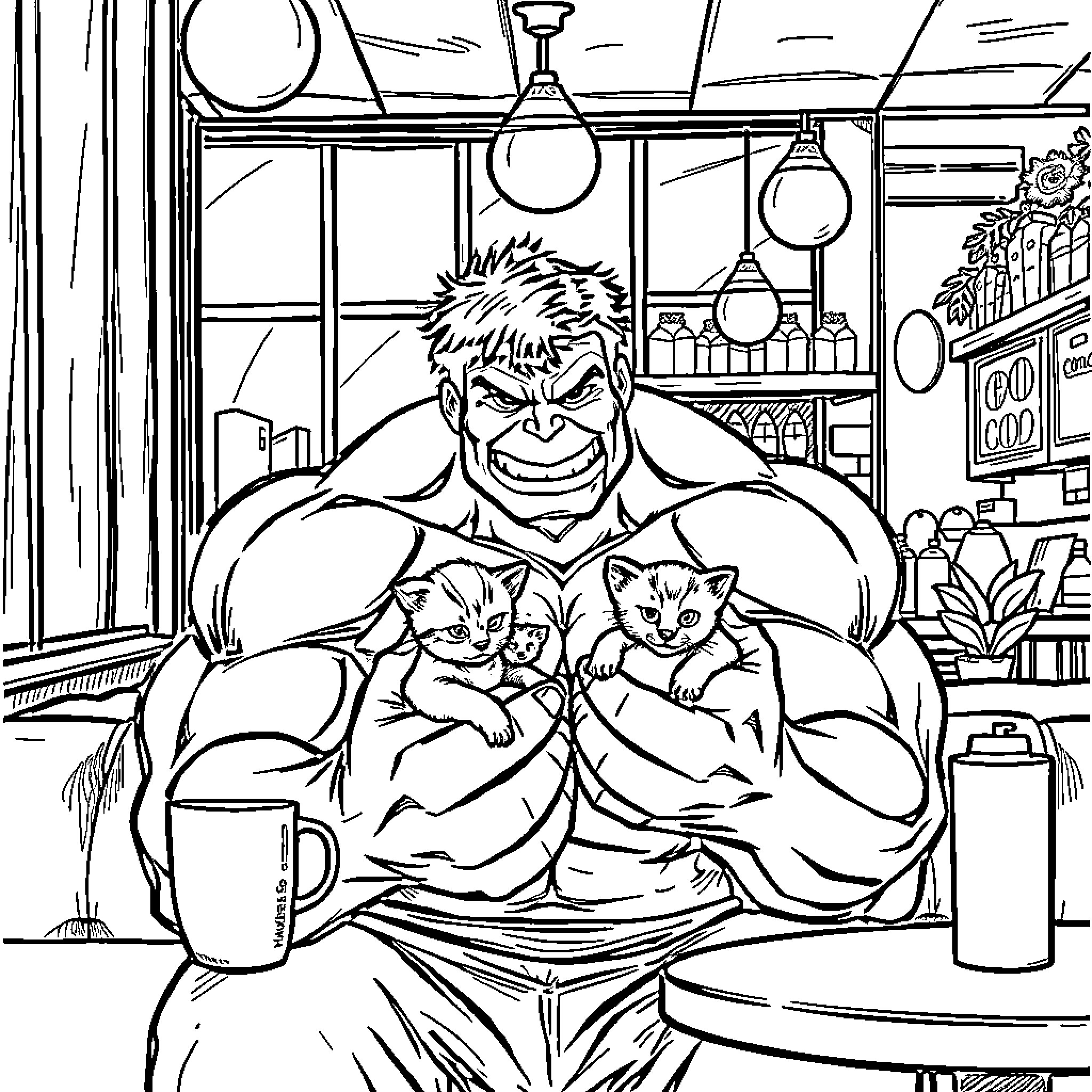 Hulk relaxing with cute kittens in cozy cafe Coloring Page (free black-and-white line drawing printable PDF for all, from beginners to advanced learners, including children, teens, adults, and seniors)
