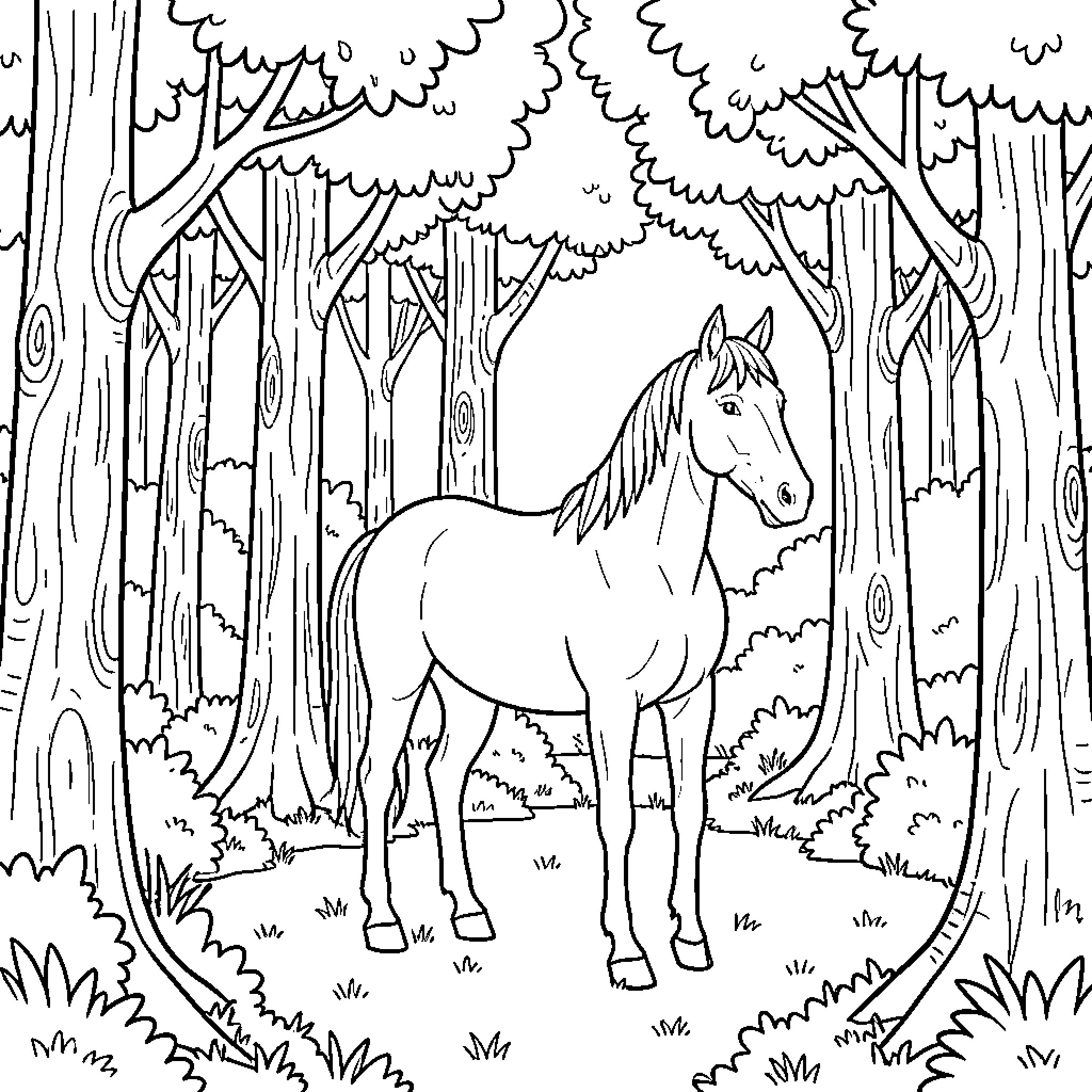 Horse standing alone in the enchanted forest Coloring Page (free black-and-white line drawing printable PDF for all, from beginners to advanced learners, including children, teens, adults, and seniors)