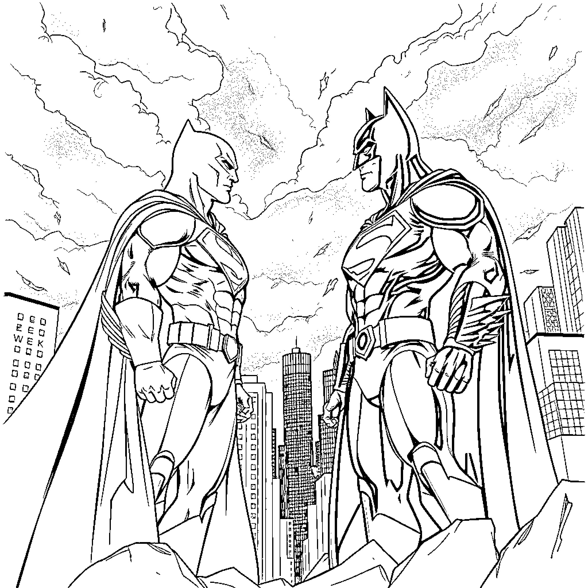 Batman vs Superman - Epic Superhero Showdown in the City Coloring Page (free black-and-white line drawing printable PDF for all, from beginners to advanced learners, including children, teens, adults, and seniors)