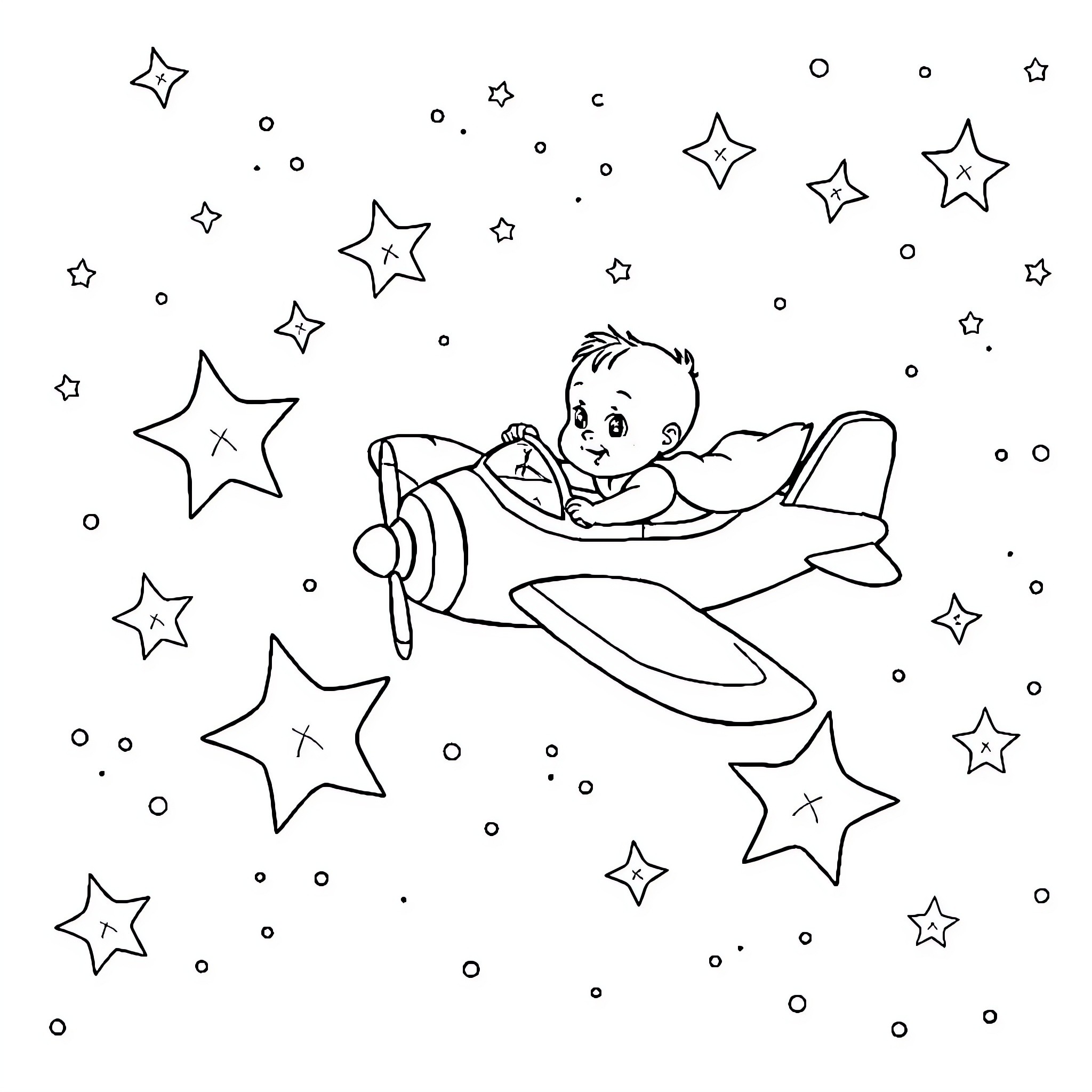Baby flying happily in a plane with stars Coloring Page (free black-and-white line drawing printable PDF for all, from beginners to advanced learners, including children, teens, adults, and seniors)