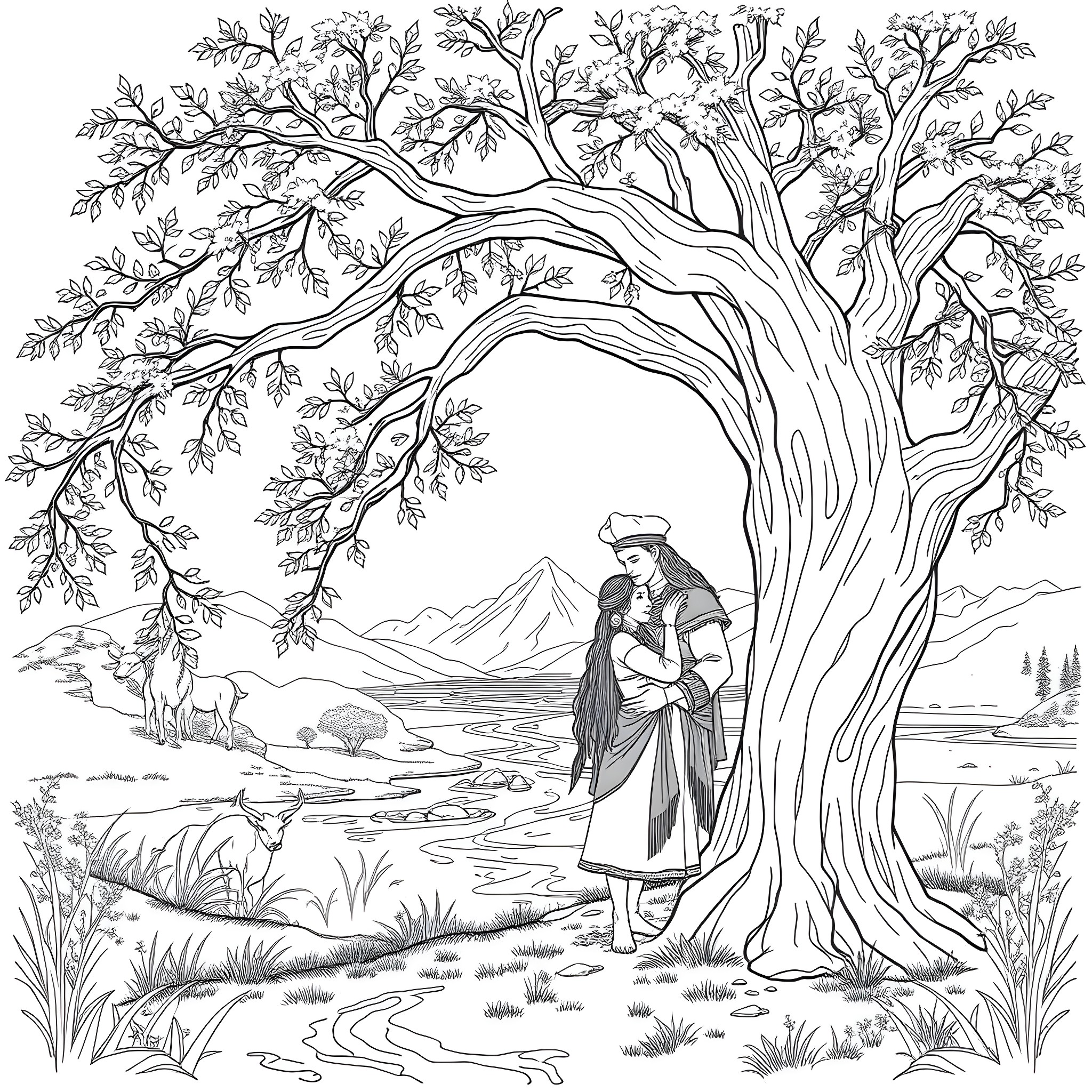 Pocahontas embracing companion under the branches of a majestic tree Coloring Page (free black-and-white line drawing printable PDF for all, from beginners to advanced learners, including children, teens, adults, and seniors)
