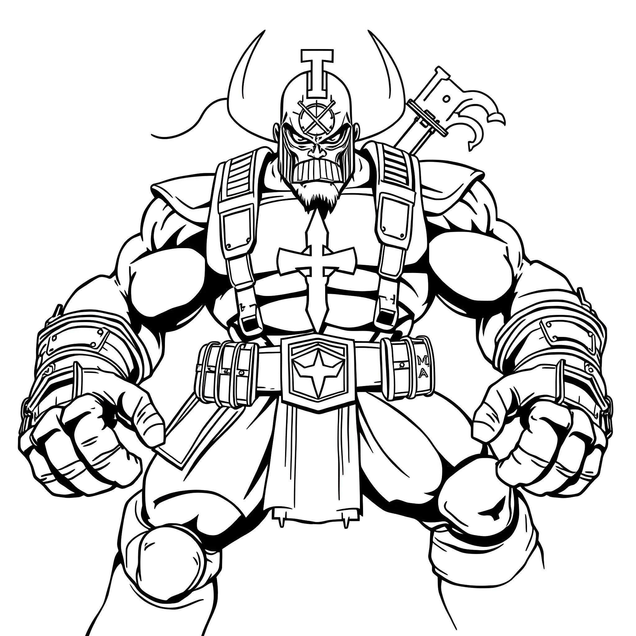 Nuke the Ultimate Warrior in Battle Gear Coloring Page (free black-and-white line drawing printable PDF for all, from beginners to advanced learners, including children, teens, adults, and seniors)