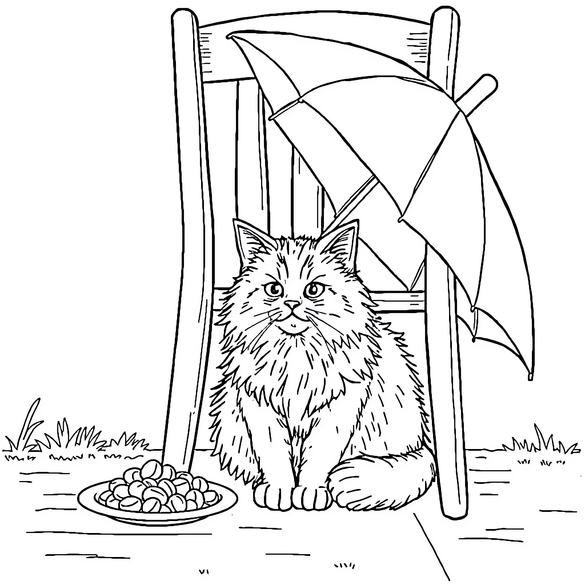Cat taking shelter from the rain under an umbrella Coloring Page (free black-and-white line drawing printable PDF for all, from beginners to advanced learners, including children, teens, adults, and seniors)
