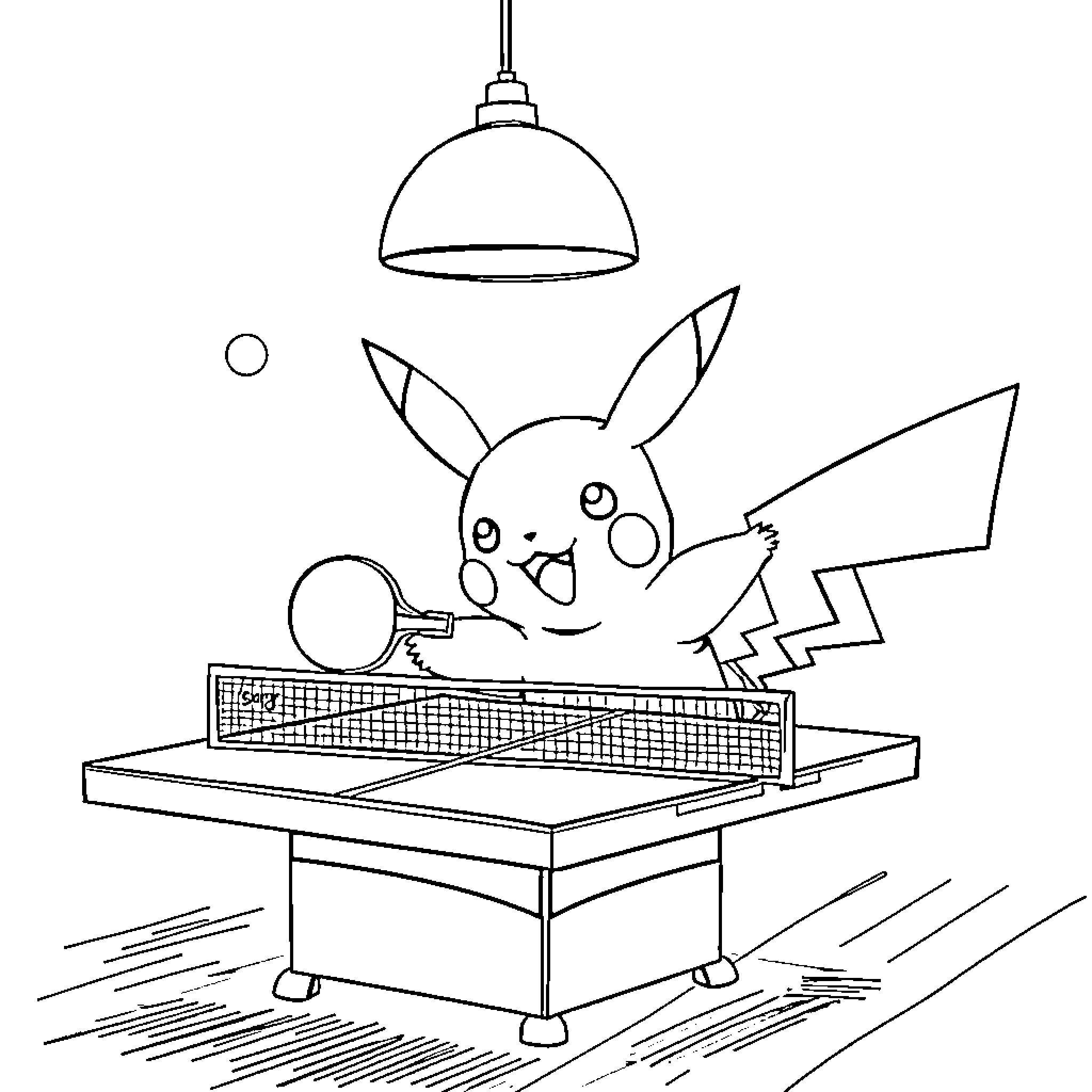 Pikachu playing table tennis enthusiastically Coloring Page (free black-and-white line drawing printable PDF for all, from beginners to advanced learners, including children, teens, adults, and seniors)