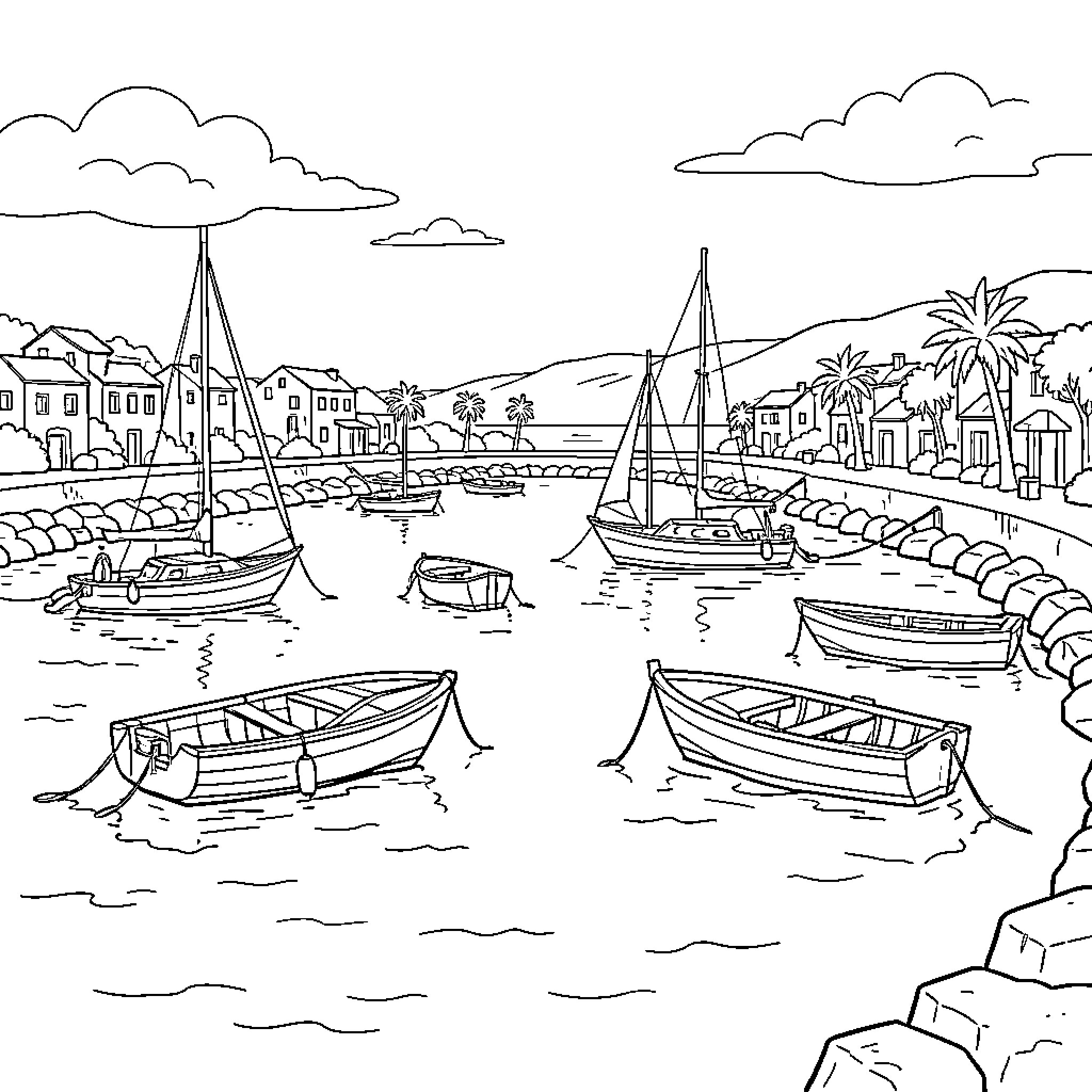 Port with various boats floating in calm water Coloring Page (free black-and-white line drawing printable PDF for all, from beginners to advanced learners, including children, teens, adults, and seniors)