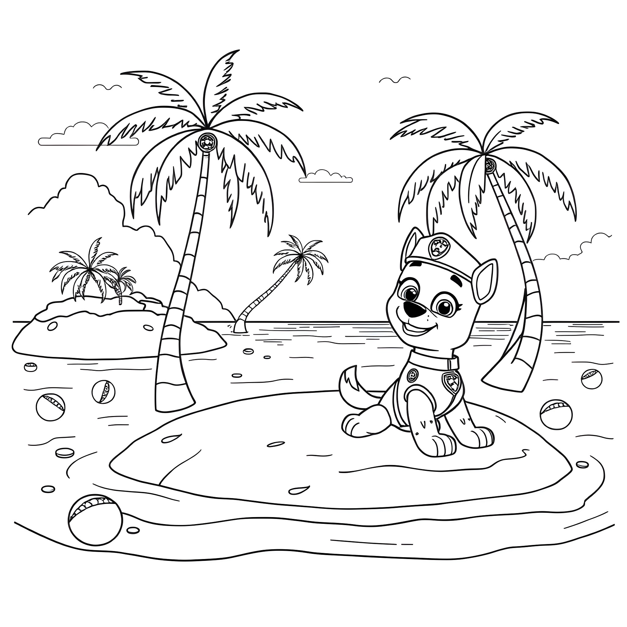 Skye enjoying a day at the beach Coloring Page (free black-and-white line drawing printable PDF for all, from beginners to advanced learners, including children, teens, adults, and seniors)