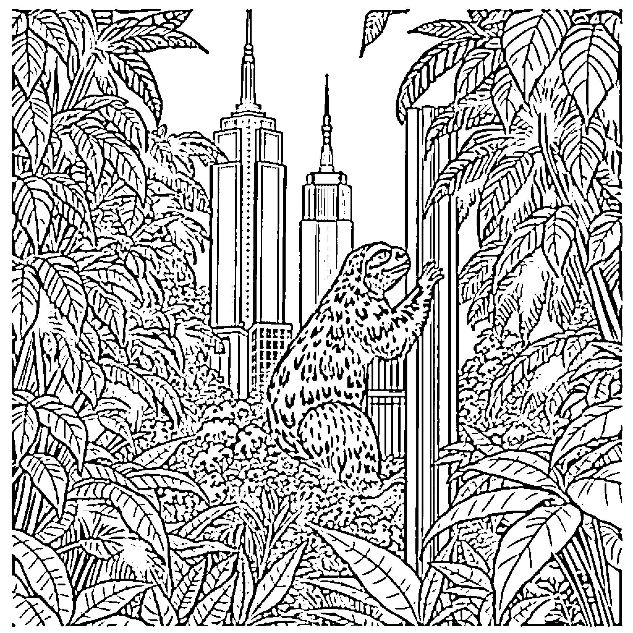 Sloth in the vibrant urban jungle Coloring Page (free black-and-white line drawing printable PDF for all, from beginners to advanced learners, including children, teens, adults, and seniors)