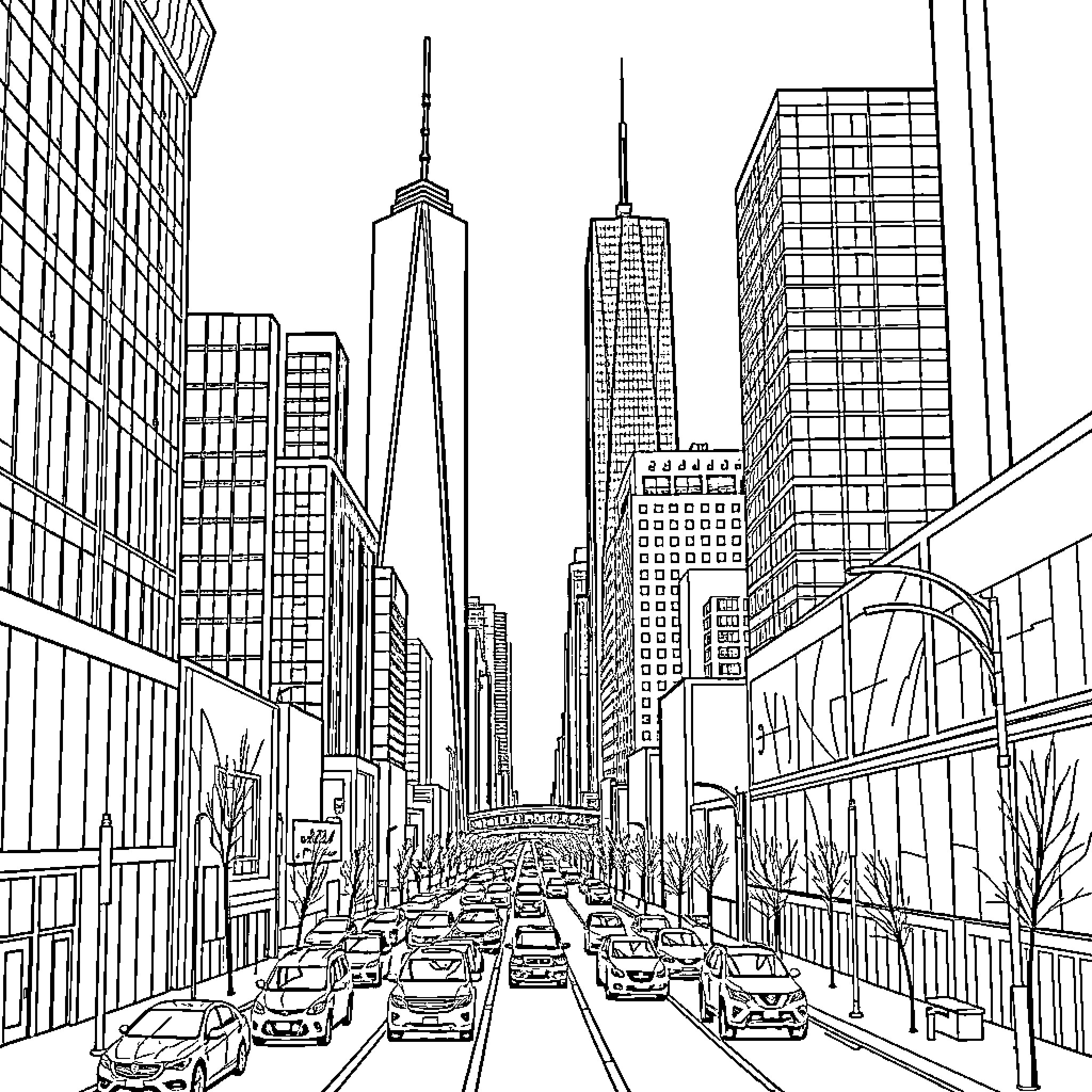 City skyline with busy traffic and skyscrapers Coloring Page (free black-and-white line drawing printable PDF for all, from beginners to advanced learners, including children, teens, adults, and seniors)