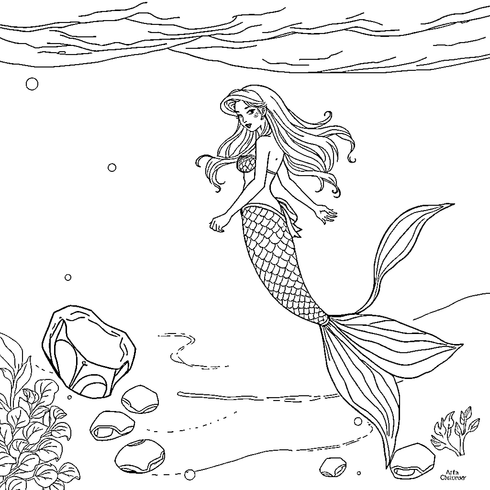 Mermaid swimming gracefully in the underwater world Coloring Page (free black-and-white line drawing printable PDF for all, from beginners to advanced learners, including children, teens, adults, and seniors)
