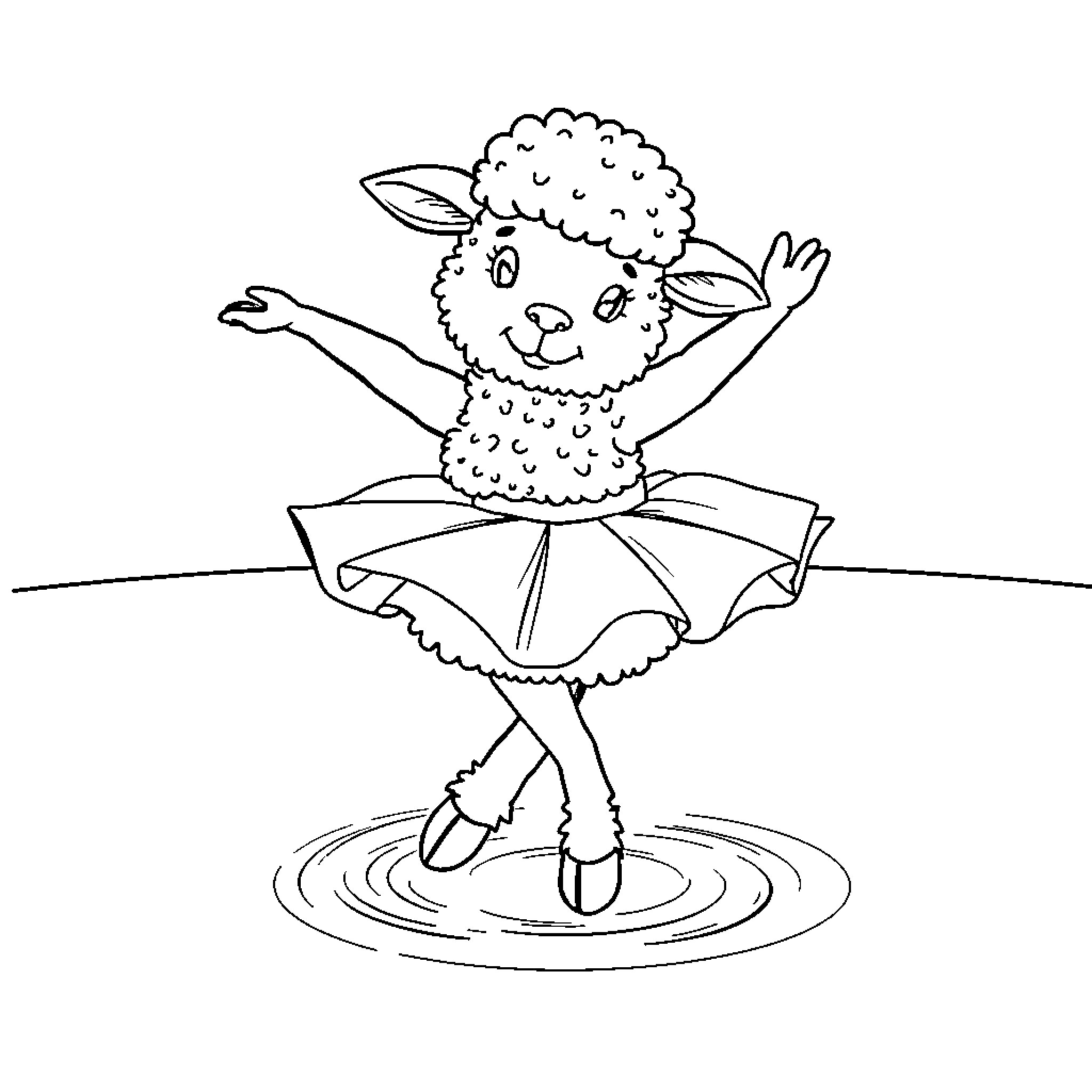 Sheep ballerina dancing in puddle Coloring Page (free black-and-white line drawing printable PDF for all, from beginners to advanced learners, including children, teens, adults, and seniors)