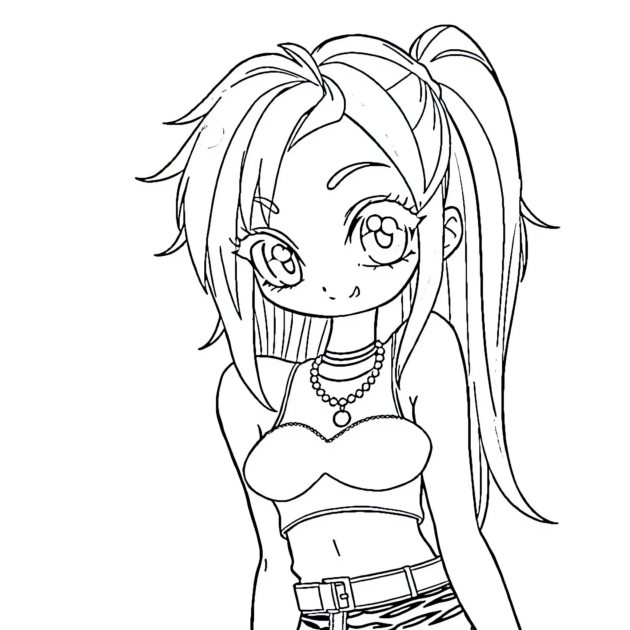 Anime Girl with Playful Expression and Accessories Coloring Page (free black-and-white line drawing printable PDF for all, from beginners to advanced learners, including children, teens, adults, and seniors)