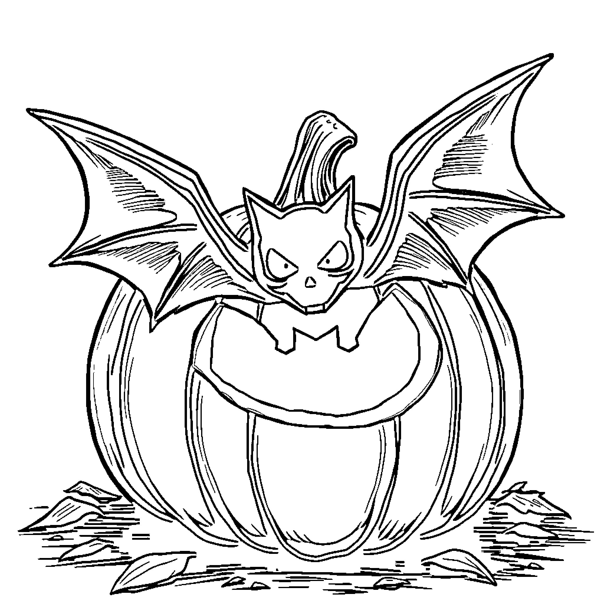 Pumpkin with bat wings and spooky expression Coloring Page (free black-and-white line drawing printable PDF for all, from beginners to advanced learners, including children, teens, adults, and seniors)