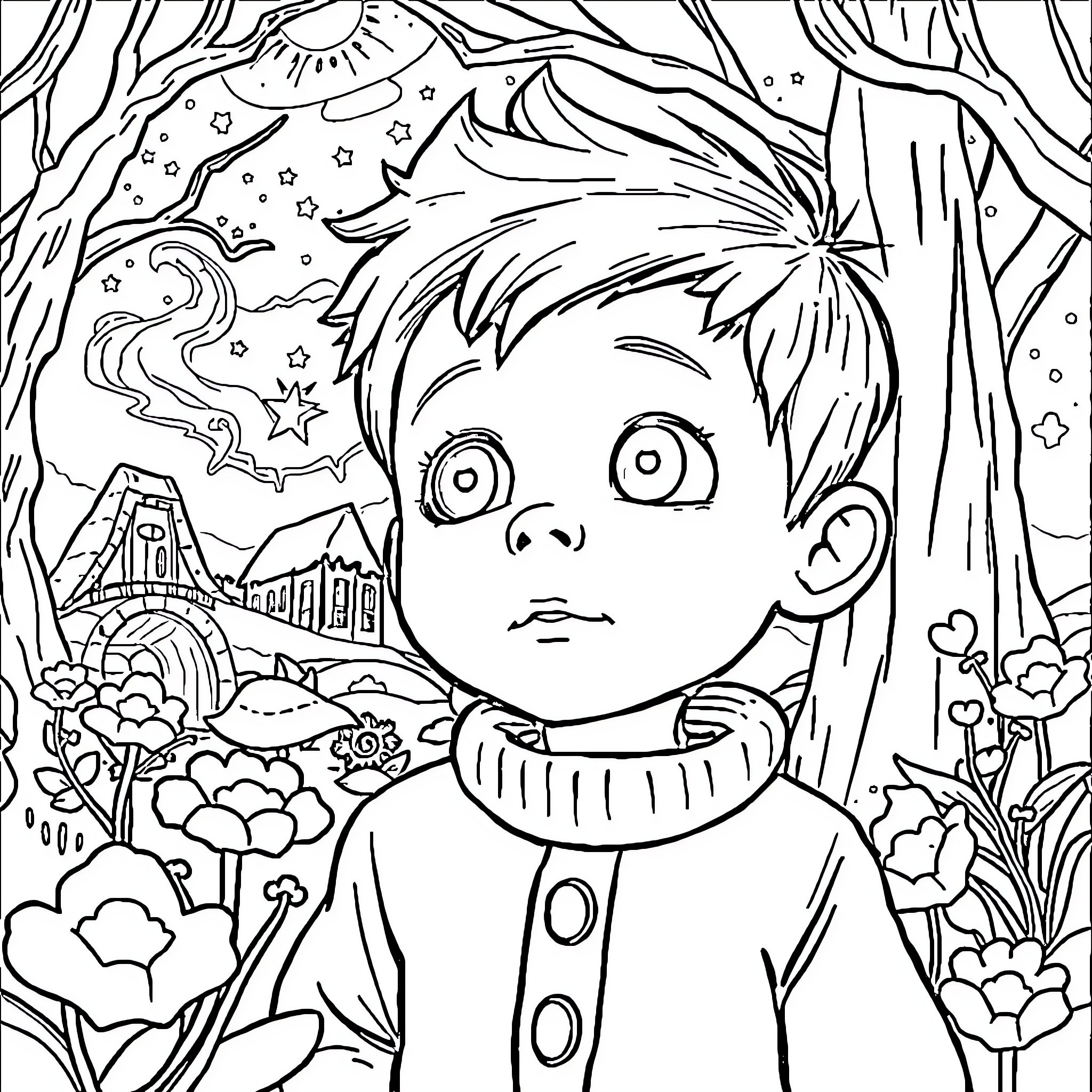 Daniel's Magical Adventure in the Enchanted Forest Coloring Page (free black-and-white line drawing printable PDF for all, from beginners to advanced learners, including children, teens, adults, and seniors)