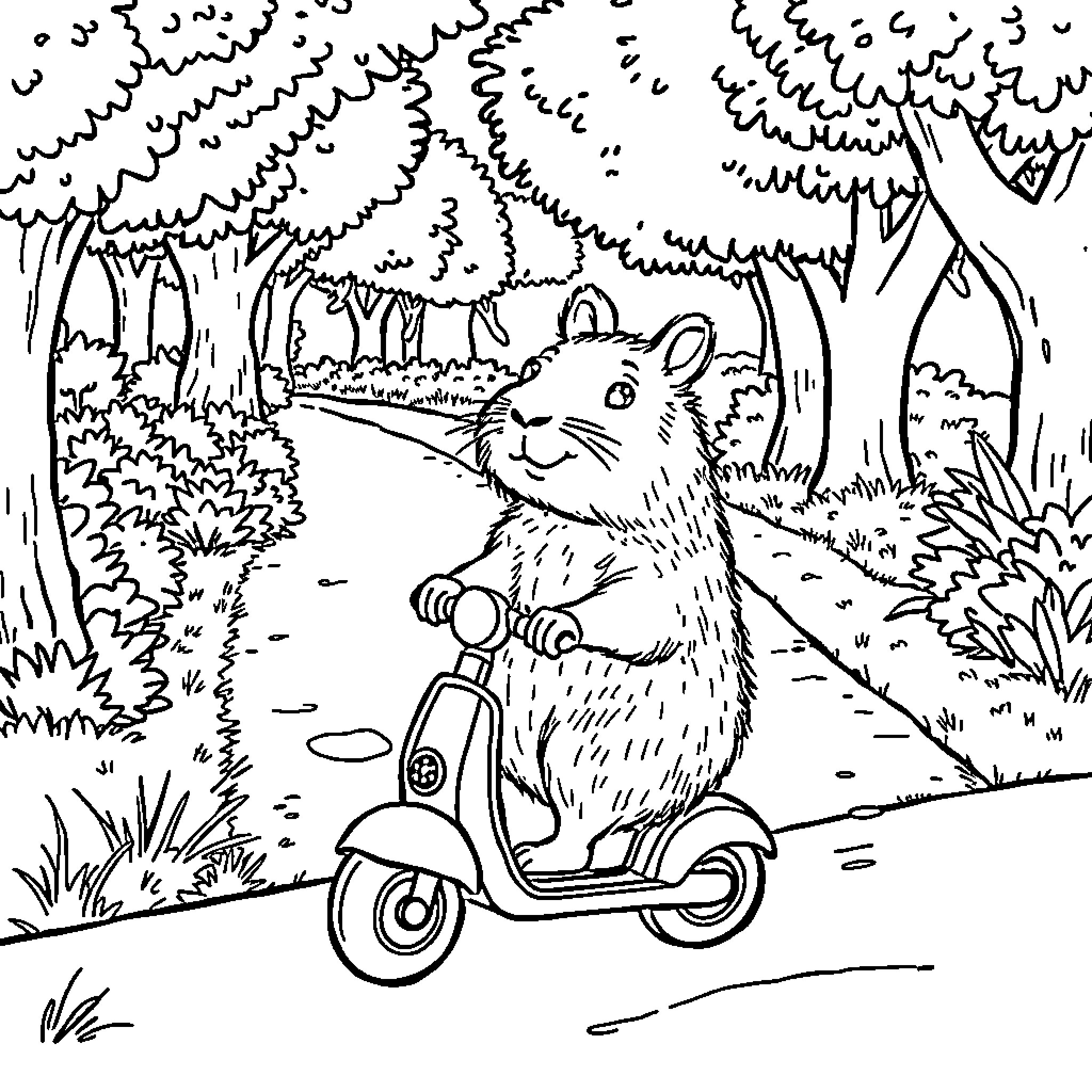 Capybara riding a scooter in the forest Coloring Page (free black-and-white line drawing printable PDF for all, from beginners to advanced learners, including children, teens, adults, and seniors)