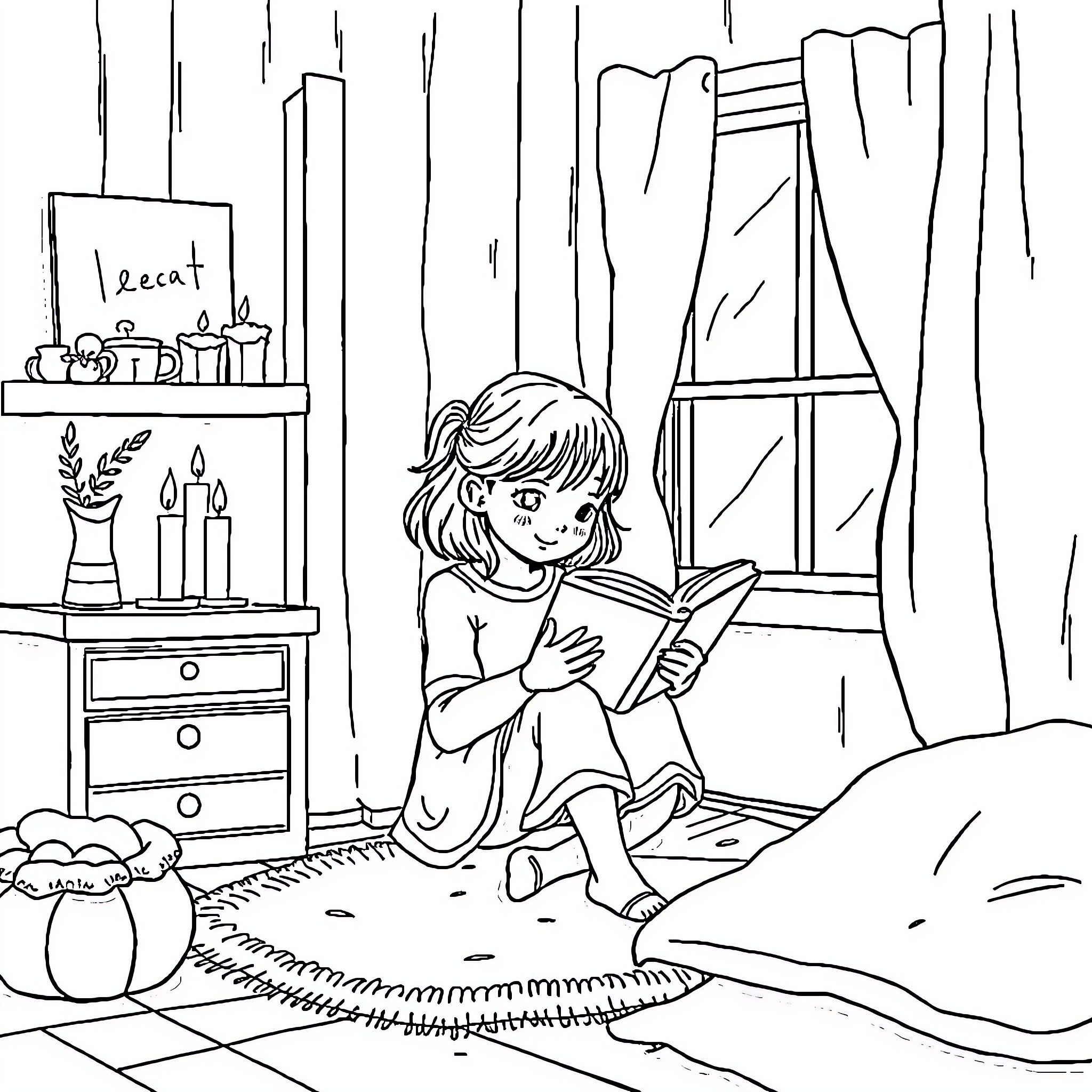 Girl reading a book in her bedroom Coloring Page (free black-and-white line drawing printable PDF for all, from beginners to advanced learners, including children, teens, adults, and seniors)