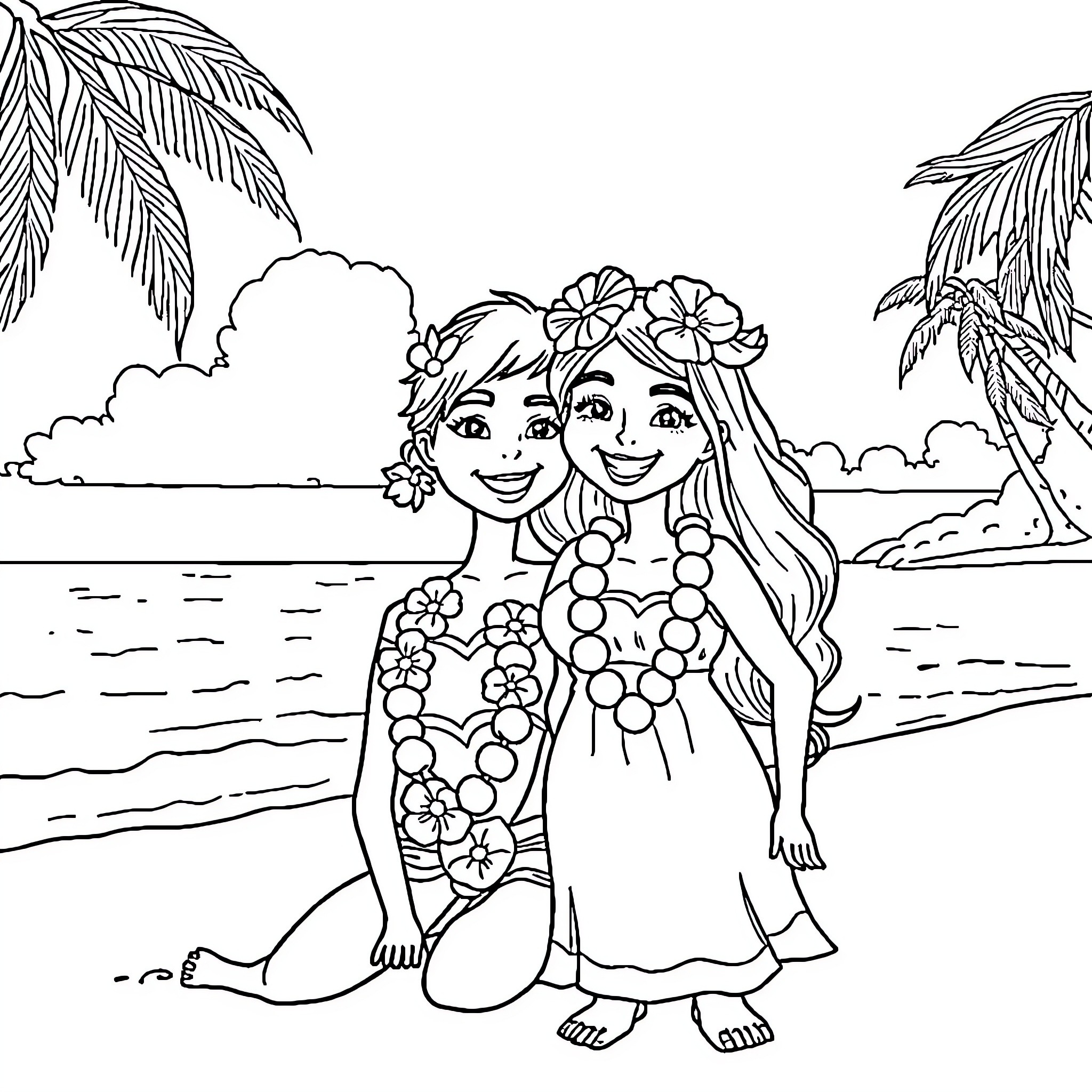 Lilo and Vayanna enjoying a tropical beach day Coloring Page (free black-and-white line drawing printable PDF for all, from beginners to advanced learners, including children, teens, adults, and seniors)