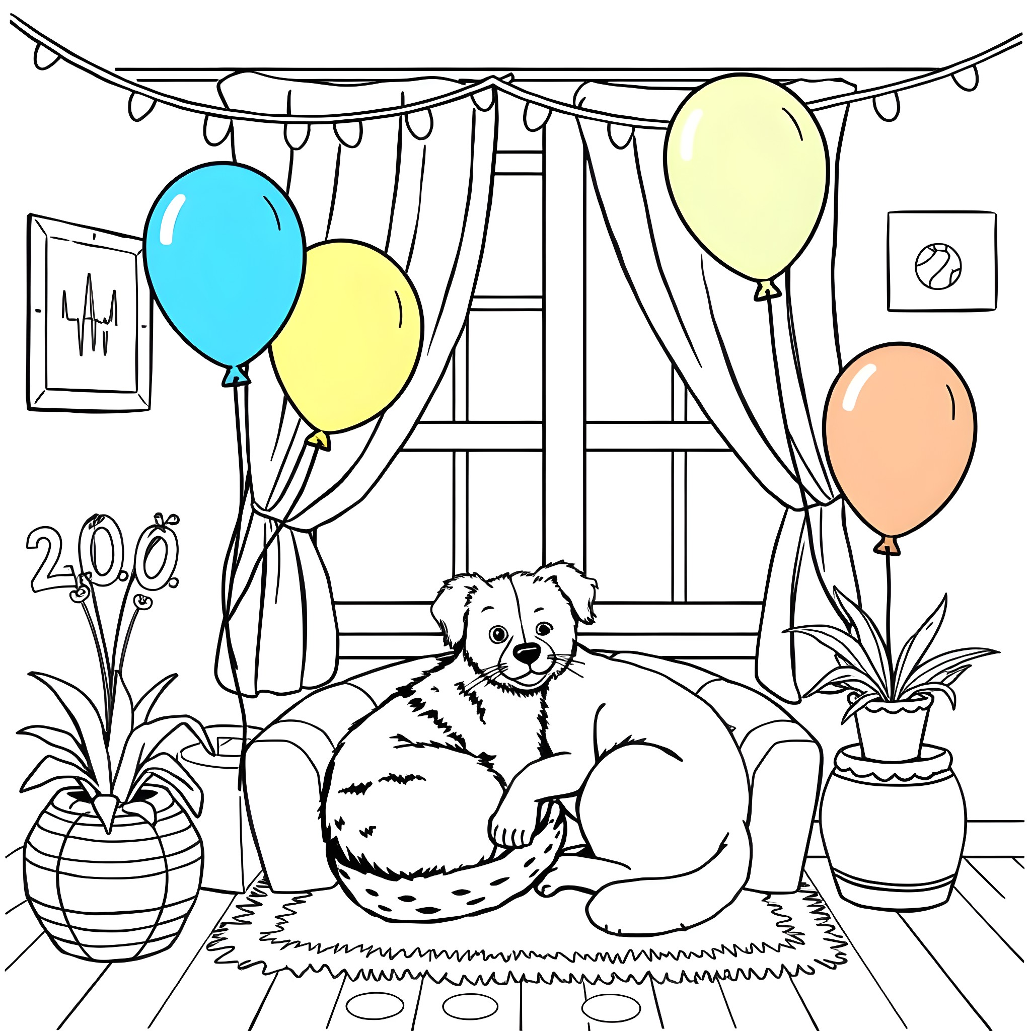 Cat surrounded by birthday balloons in a cozy room Coloring Page (free black-and-white line drawing printable PDF for all, from beginners to advanced learners, including children, teens, adults, and seniors)