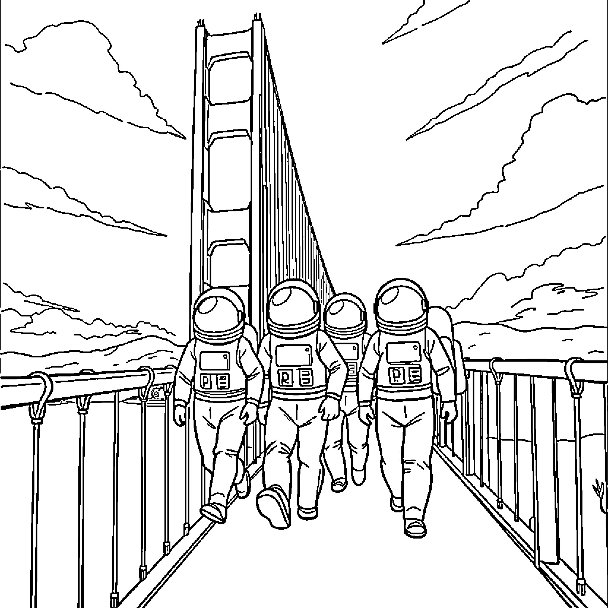 Among Us Astronauts Exploring Iconic Landmark Coloring Page (free black-and-white line drawing printable PDF for all, from beginners to advanced learners, including children, teens, adults, and seniors)