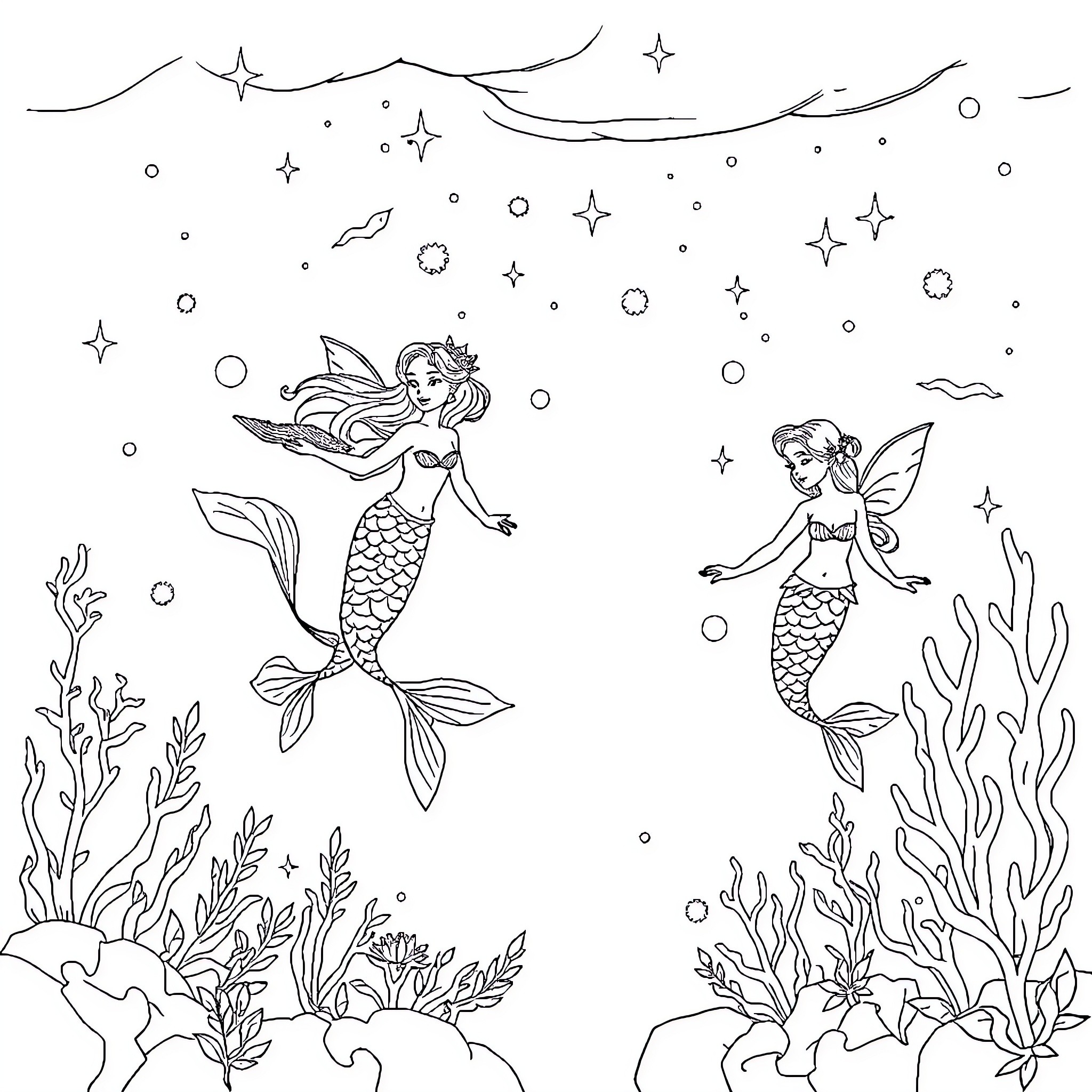 Mermaid Fantasy: Underwater Adventure Coloring Page (free black-and-white line drawing printable PDF for all, from beginners to advanced learners, including children, teens, adults, and seniors)