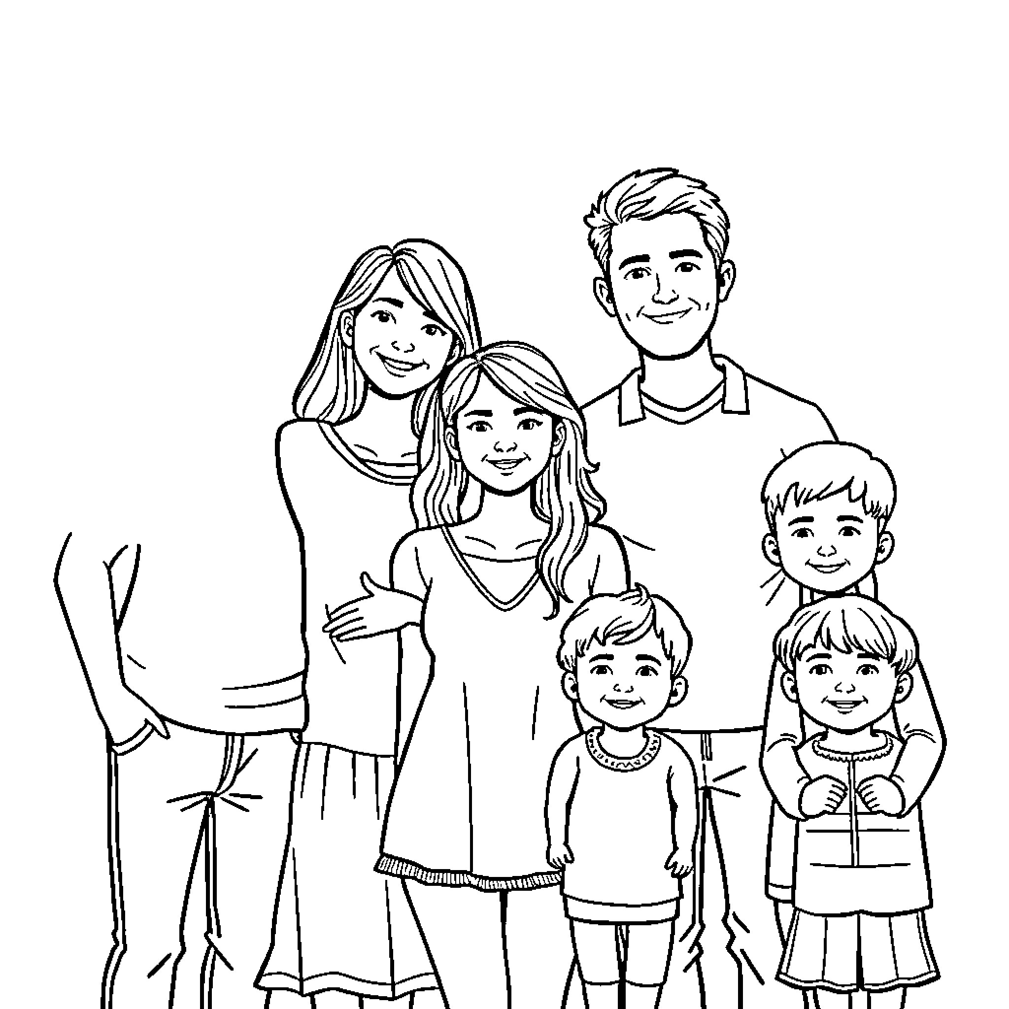 Family Enjoying Quality Time Together Coloring Page (free black-and-white line drawing printable PDF for all, from beginners to advanced learners, including children, teens, adults, and seniors)