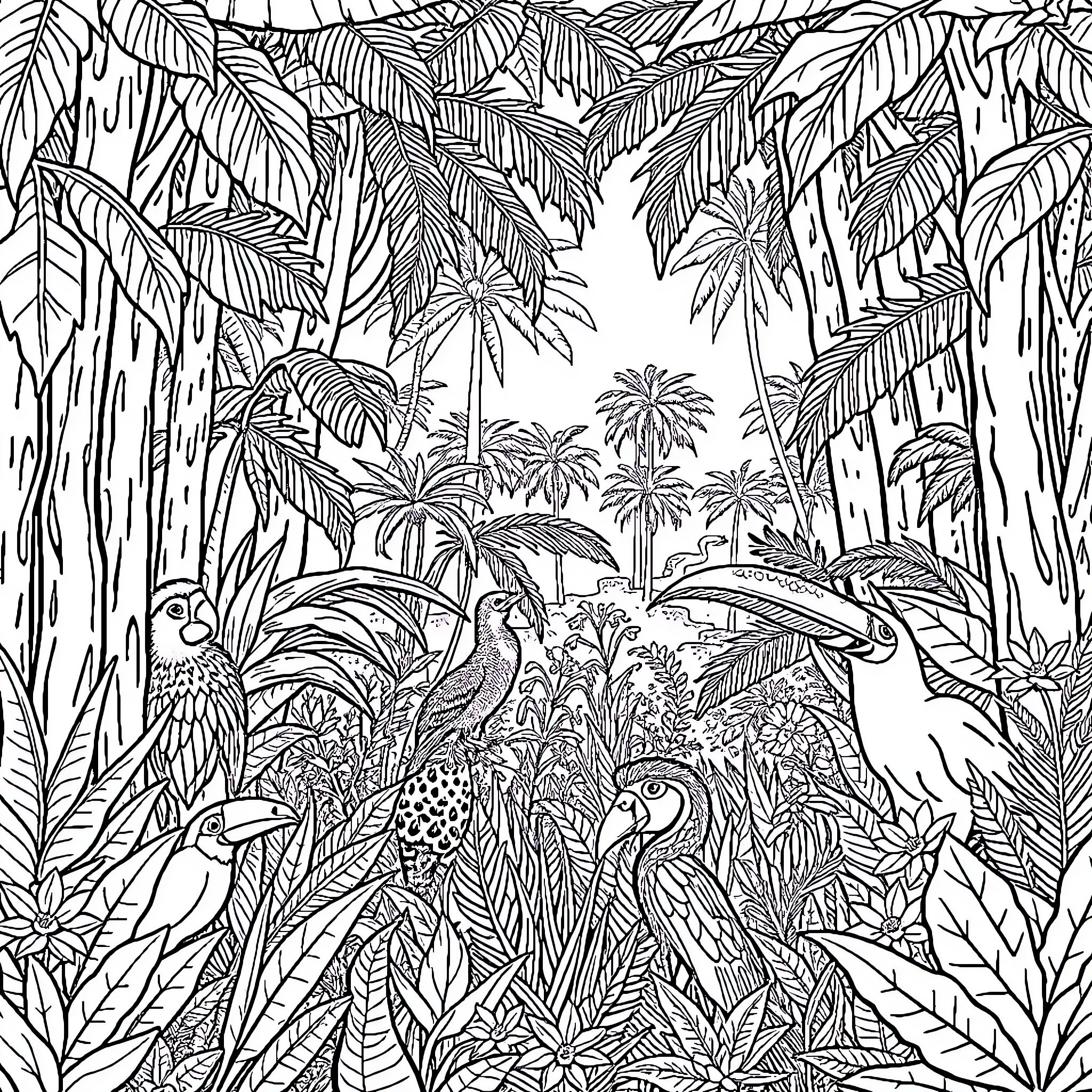 Animals in a Tropical Jungle Scene Coloring Page (free black-and-white line drawing printable PDF for all, from beginners to advanced learners, including children, teens, adults, and seniors)