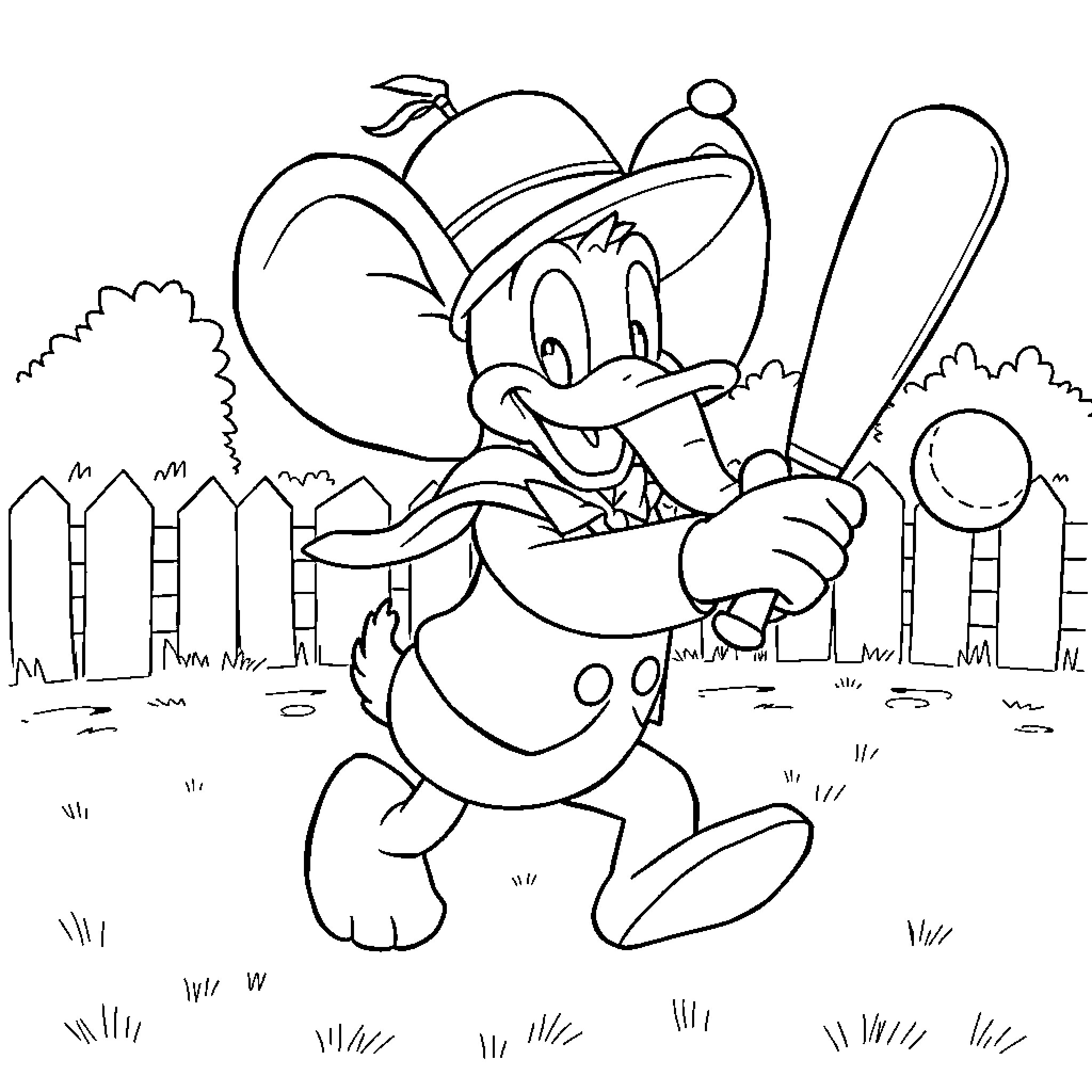 Donald Duck playing baseball in the park Coloring Page (free black-and-white line drawing printable PDF for all, from beginners to advanced learners, including children, teens, adults, and seniors)