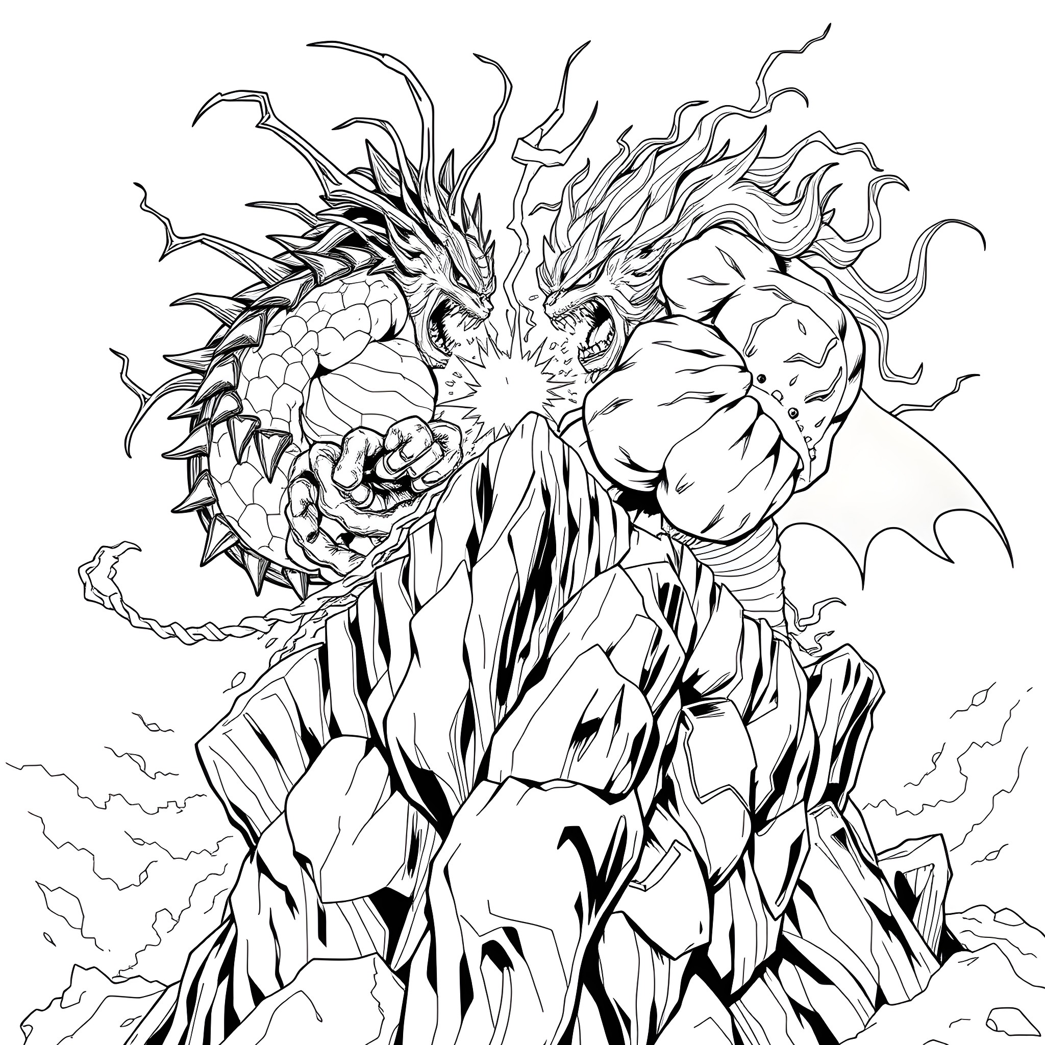 Kaido, the Monstrous Dragon Unleashed Coloring Page (free black-and-white line drawing printable PDF for all, from beginners to advanced learners, including children, teens, adults, and seniors)