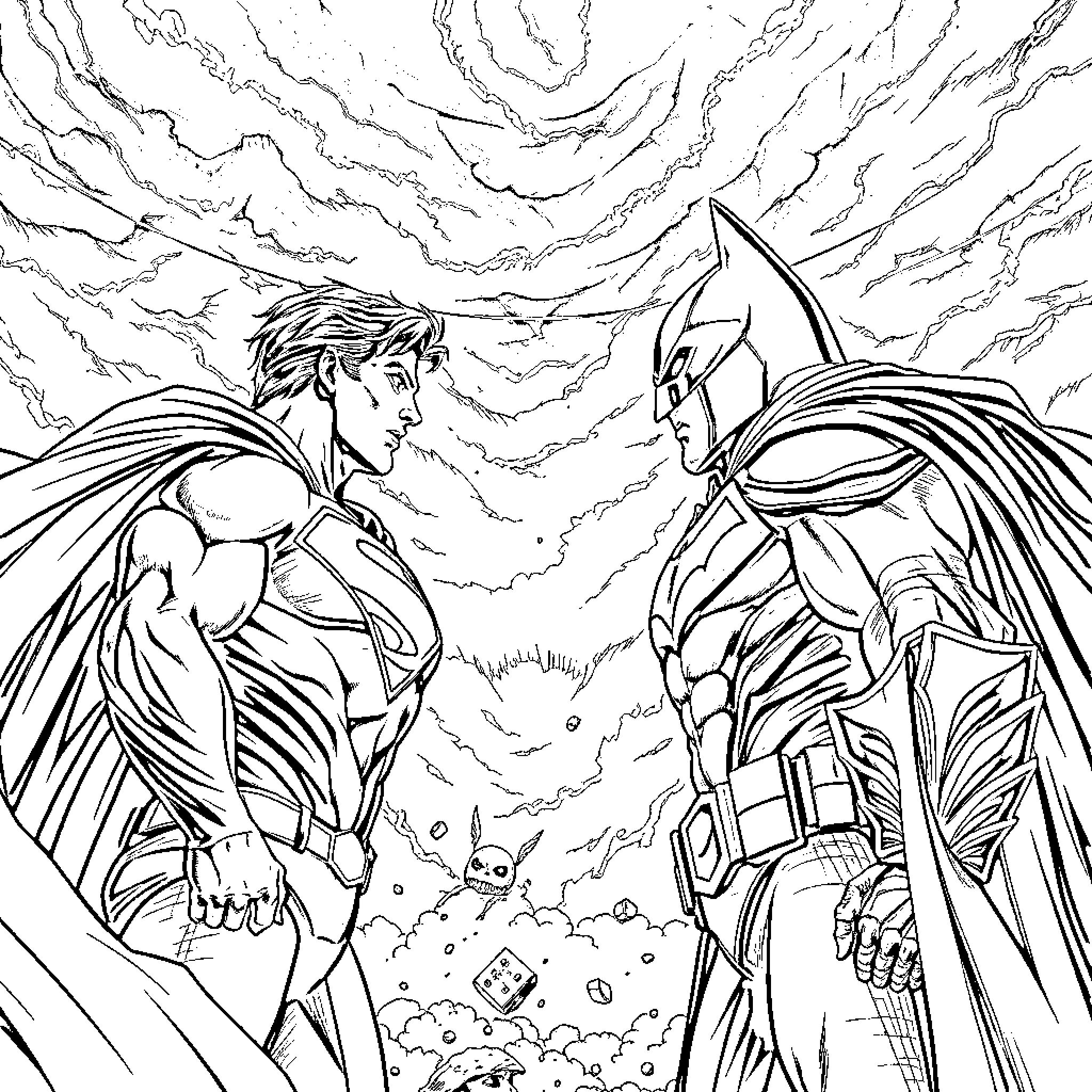 Superman and Batman Facing Off in Epic Battle Coloring Page (free black-and-white line drawing printable PDF for all, from beginners to advanced learners, including children, teens, adults, and seniors)