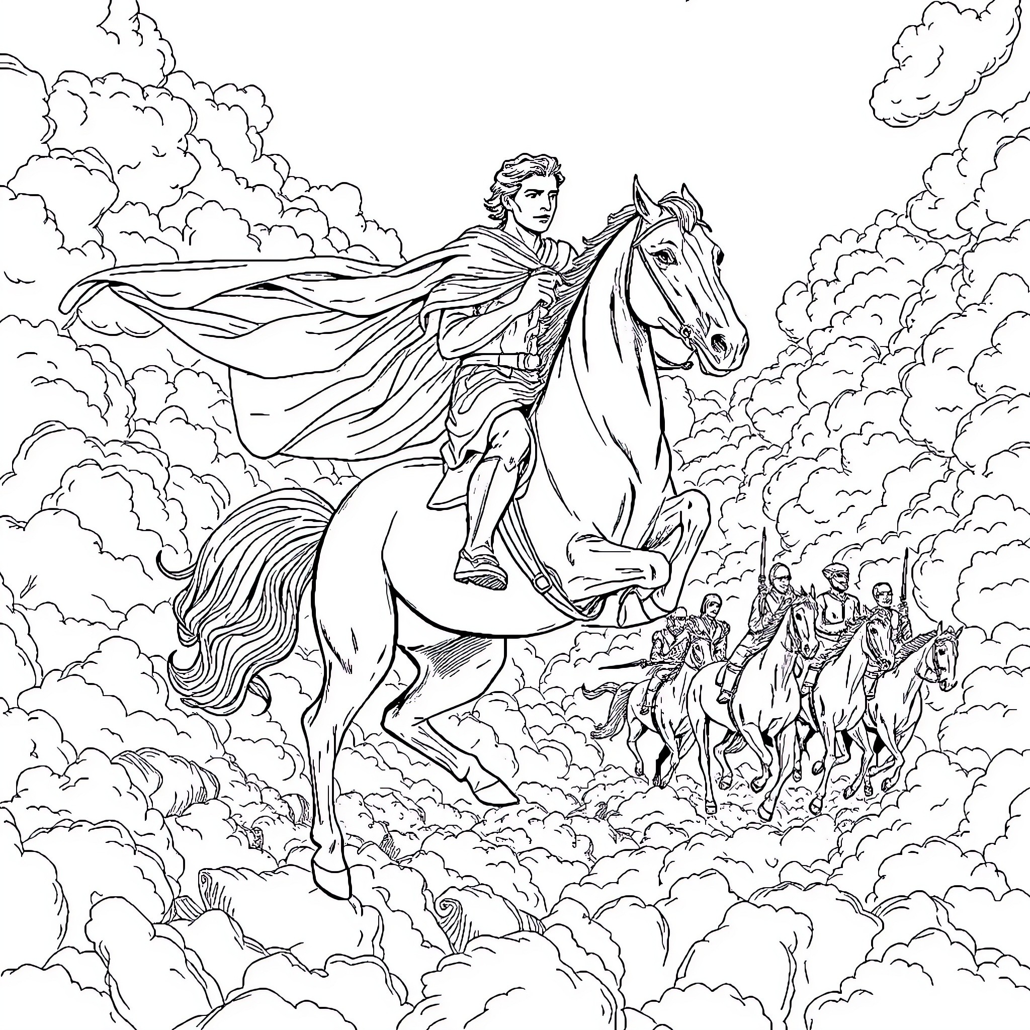 Cavaleiro leading a charge on horseback Coloring Page (free black-and-white line drawing printable PDF for all, from beginners to advanced learners, including children, teens, adults, and seniors)