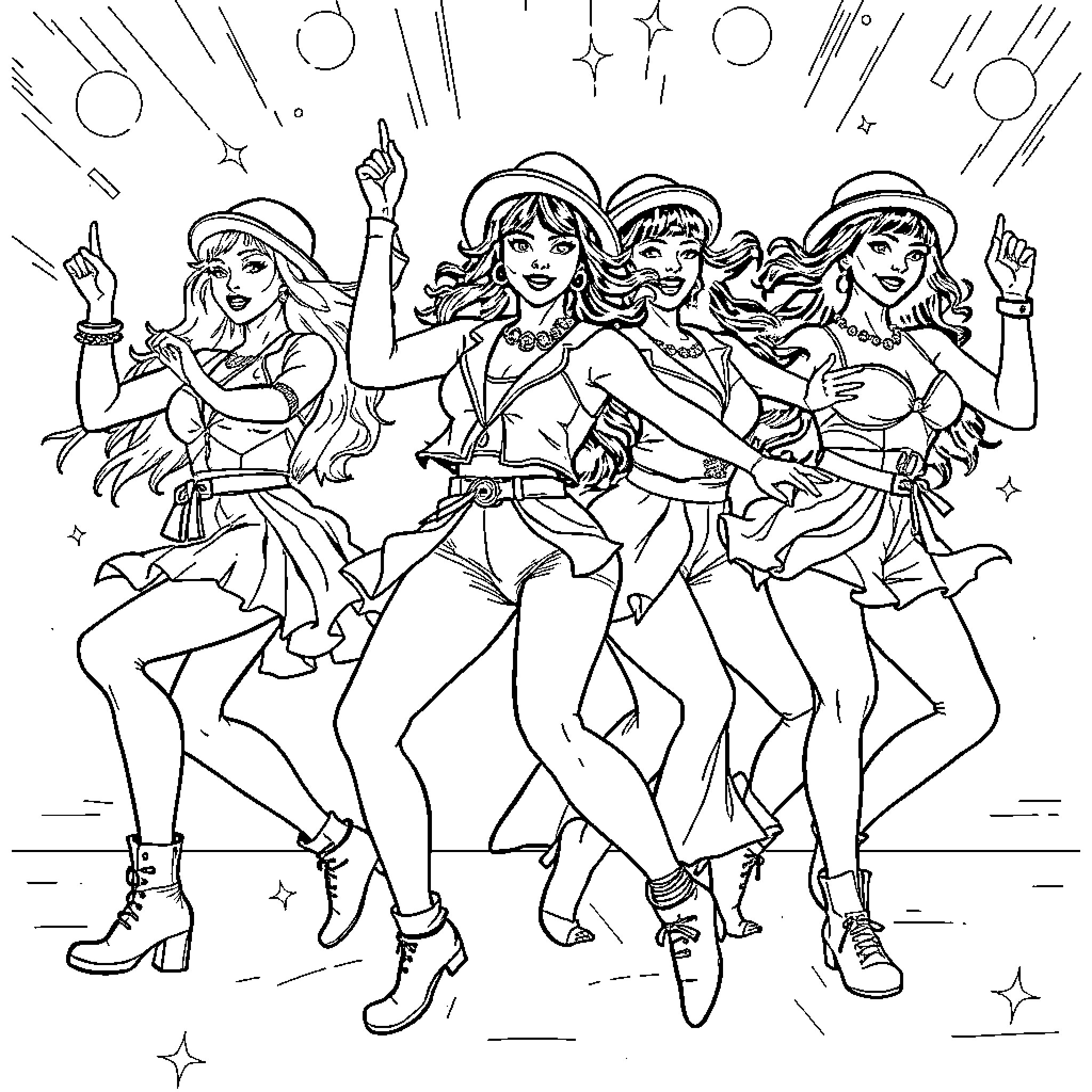 K Pop Girl Group Dancing With Vibrant Energy Coloring Page (free black-and-white line drawing printable PDF for all, from beginners to advanced learners, including children, teens, adults, and seniors)
