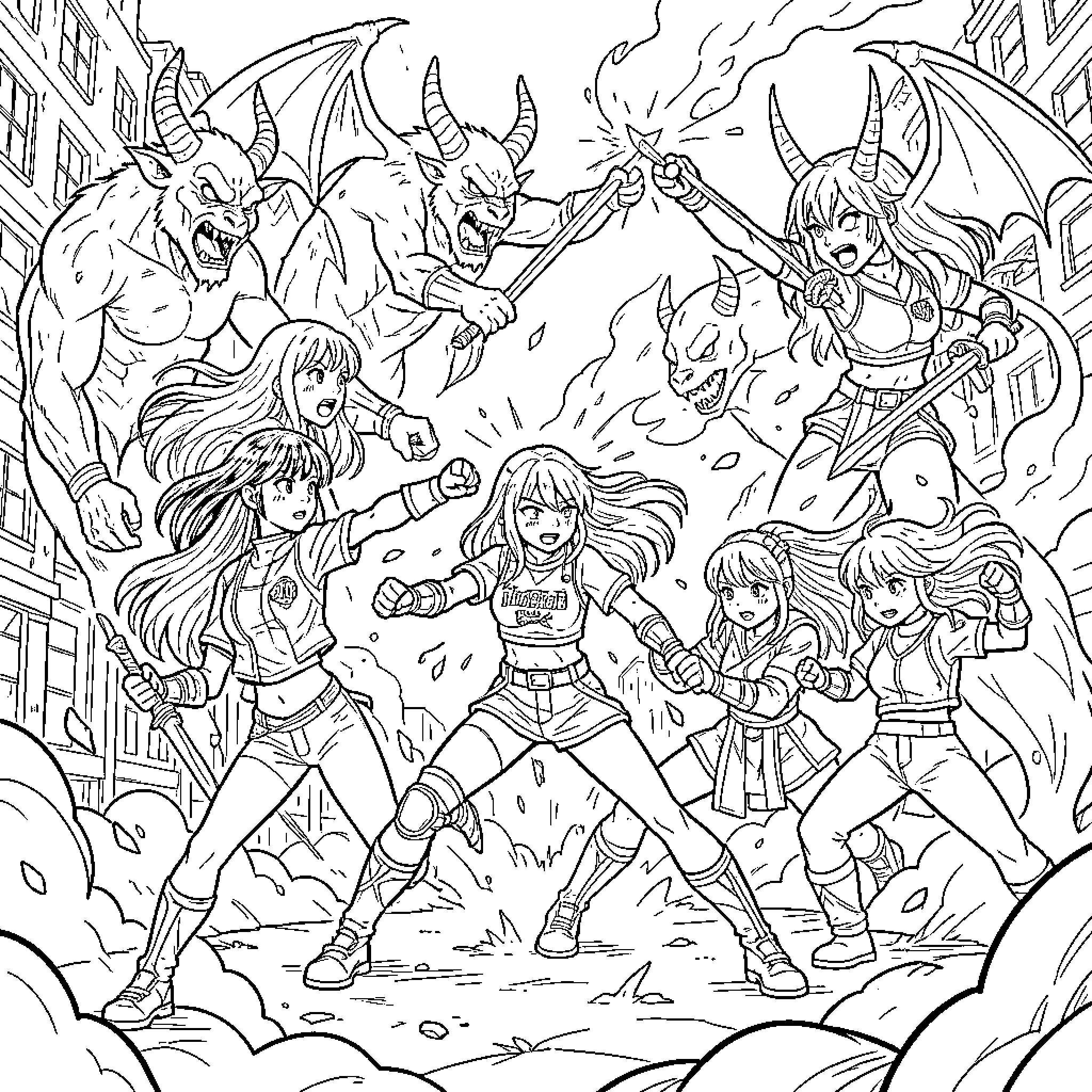 Guerrera - A Fierce Battle of Allies and Foes Coloring Page (free black-and-white line drawing printable PDF for all, from beginners to advanced learners, including children, teens, adults, and seniors)