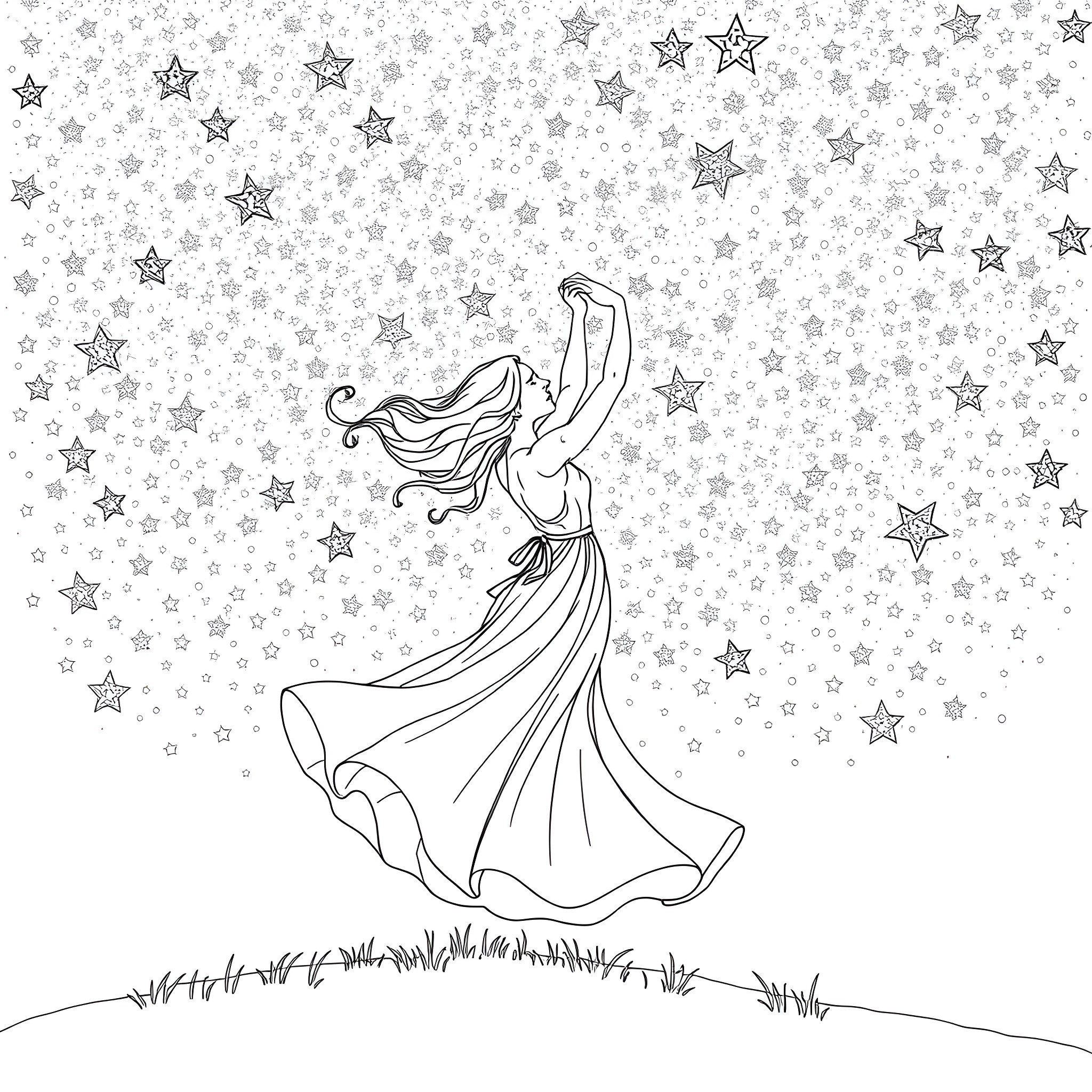 Woman dancing joyfully under the starry night sky Coloring Page (free black-and-white line drawing printable PDF for all, from beginners to advanced learners, including children, teens, adults, and seniors)