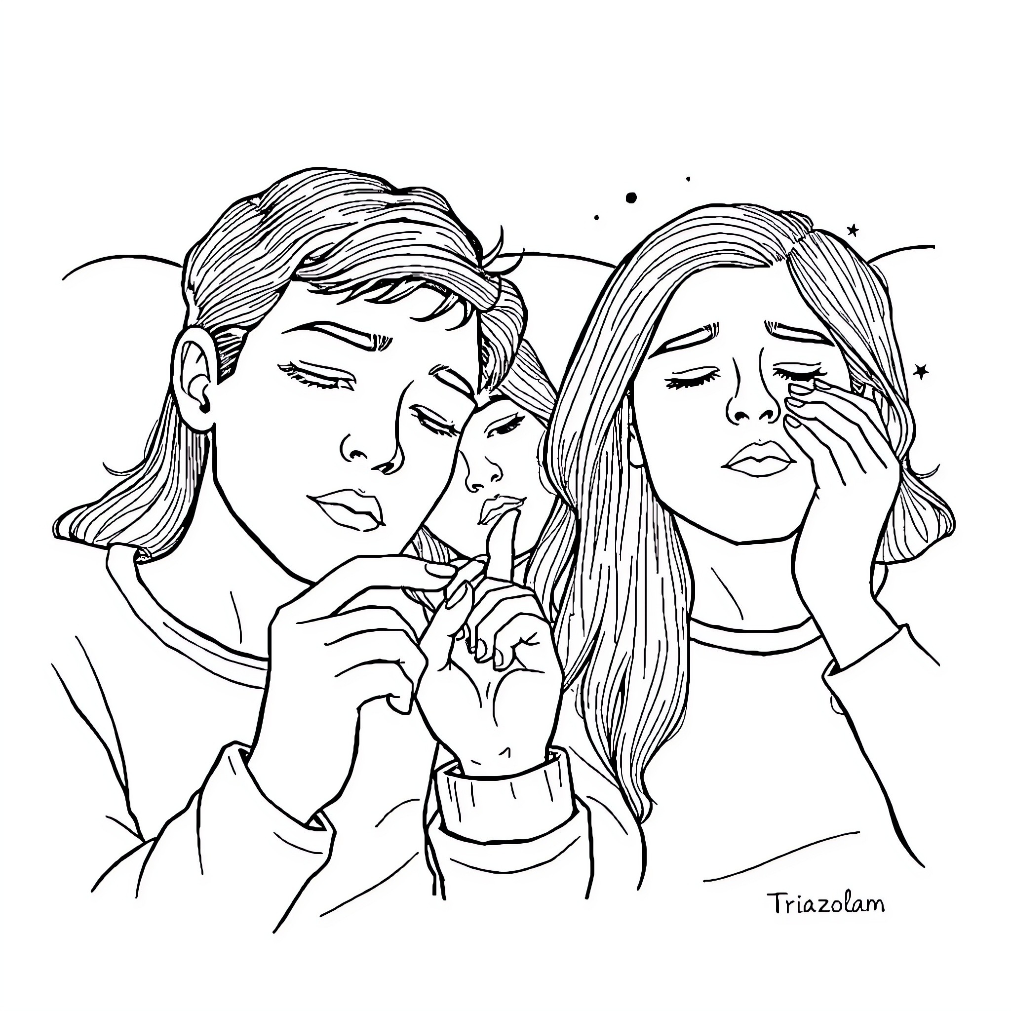 Triazolam - Emotional Expressions of Friends Coloring Page (free black-and-white line drawing printable PDF for all, from beginners to advanced learners, including children, teens, adults, and seniors)