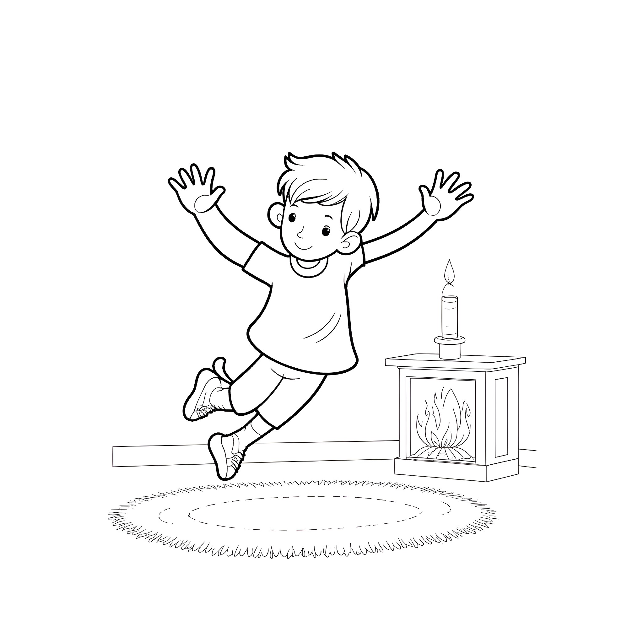 Jack jumping excitedly in front of a fireplace Coloring Page (free black-and-white line drawing printable PDF for all, from beginners to advanced learners, including children, teens, adults, and seniors)